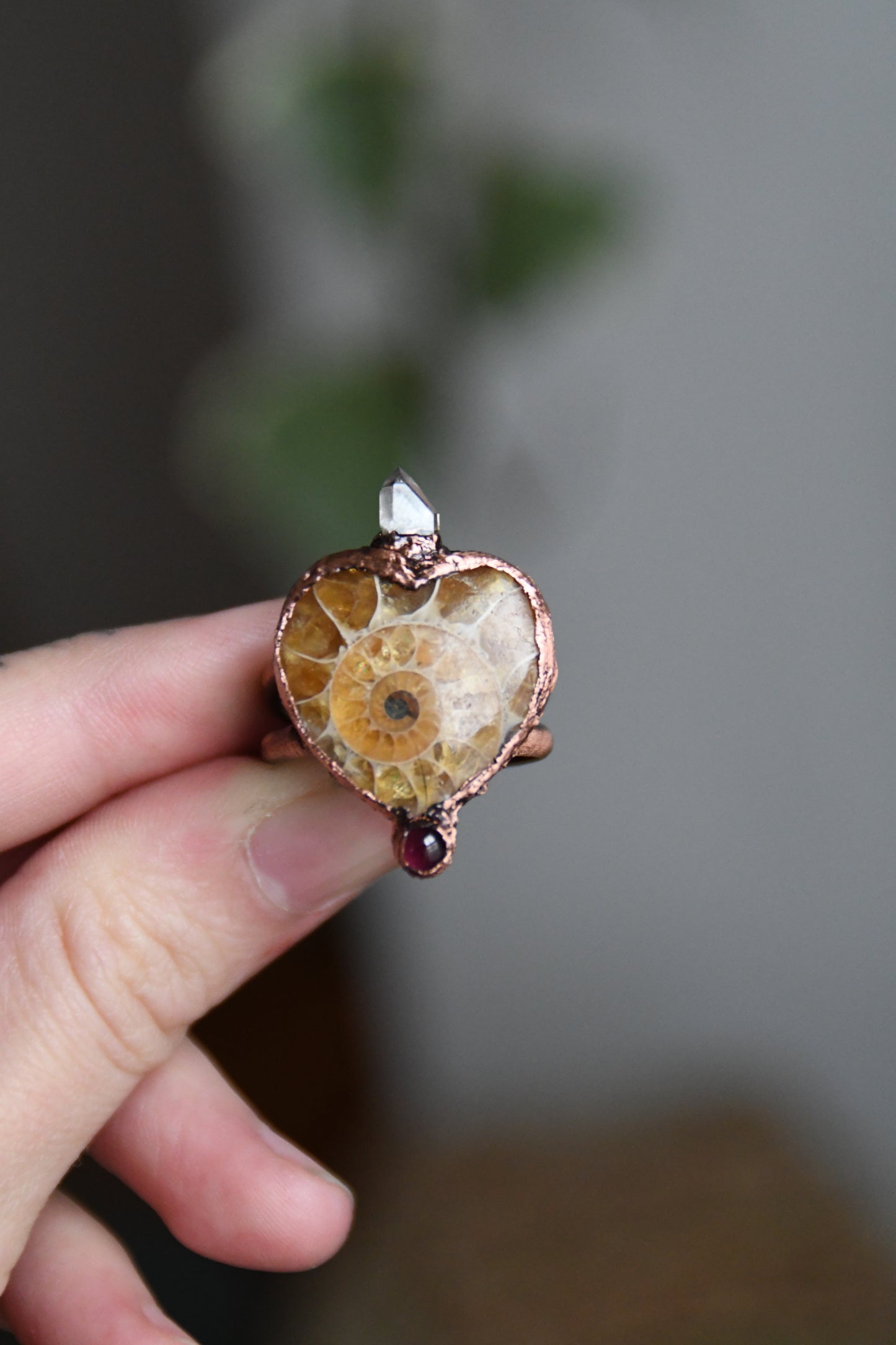 Ammonite Heart Ring with Garnet and Herkimer Size 9 1/2 US