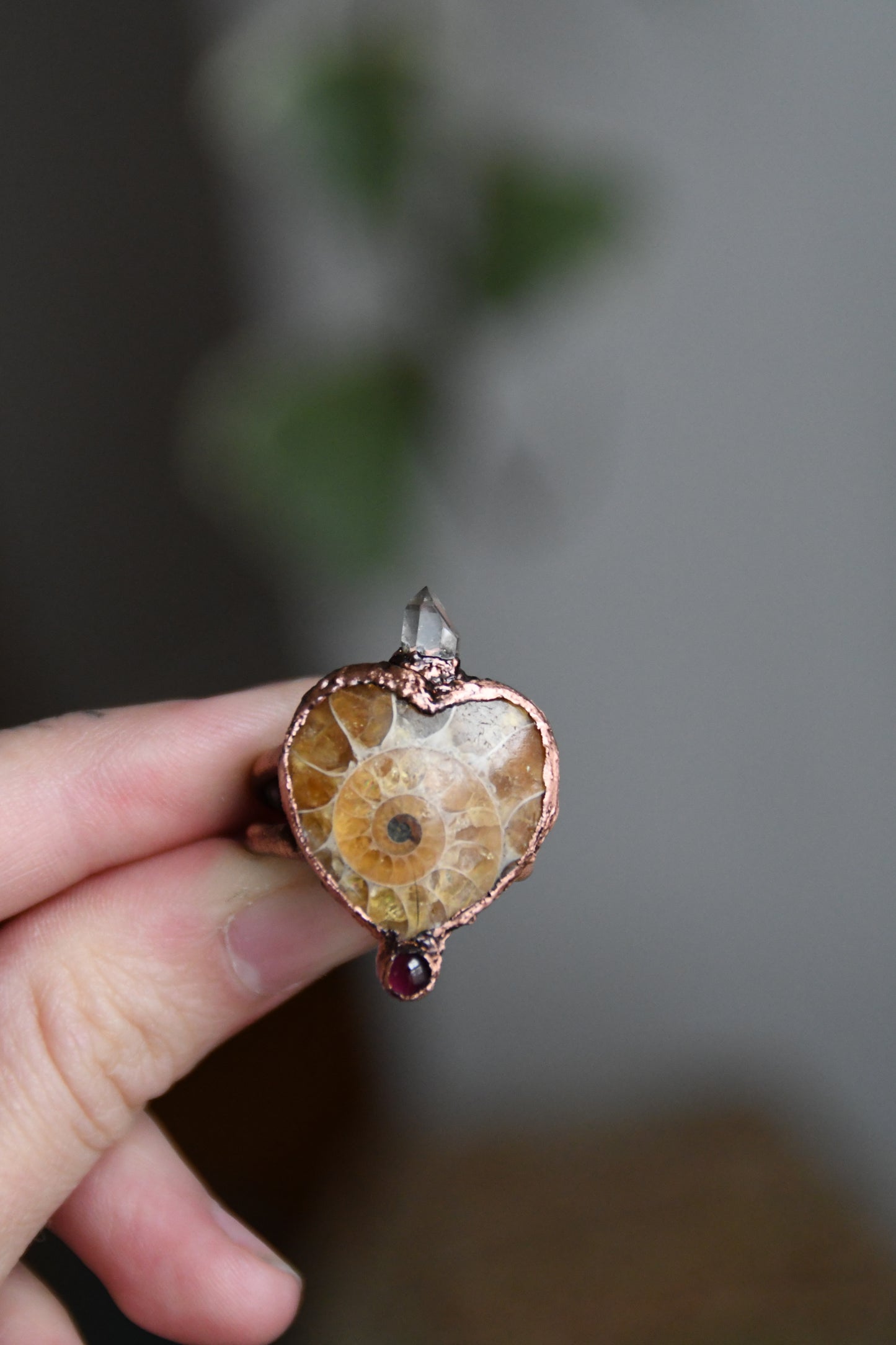 Ammonite Heart Ring with Garnet and Herkimer Size 9 1/2 US