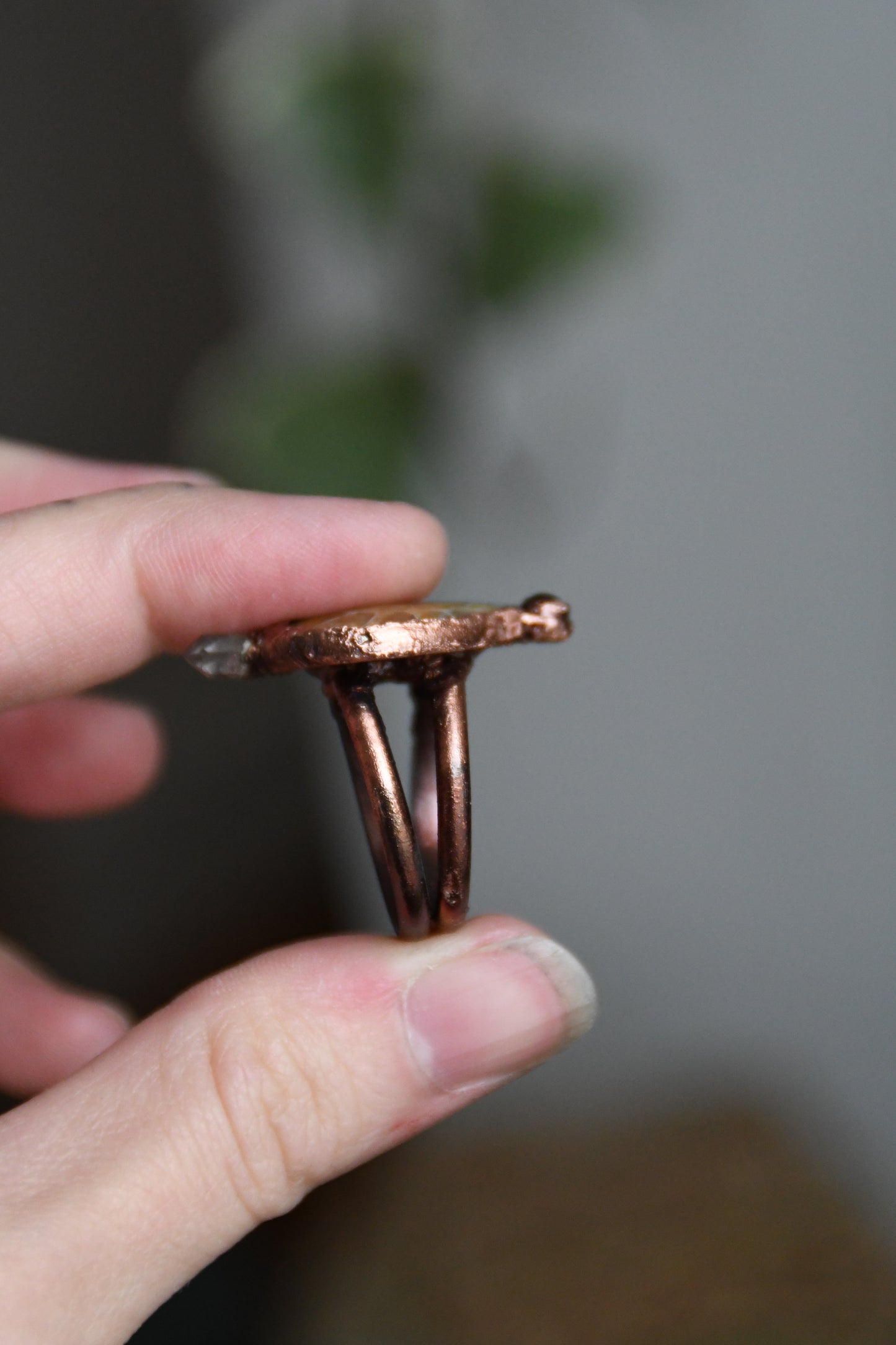 Ammonite Heart Ring with Garnet and Herkimer Size 9 1/2 US