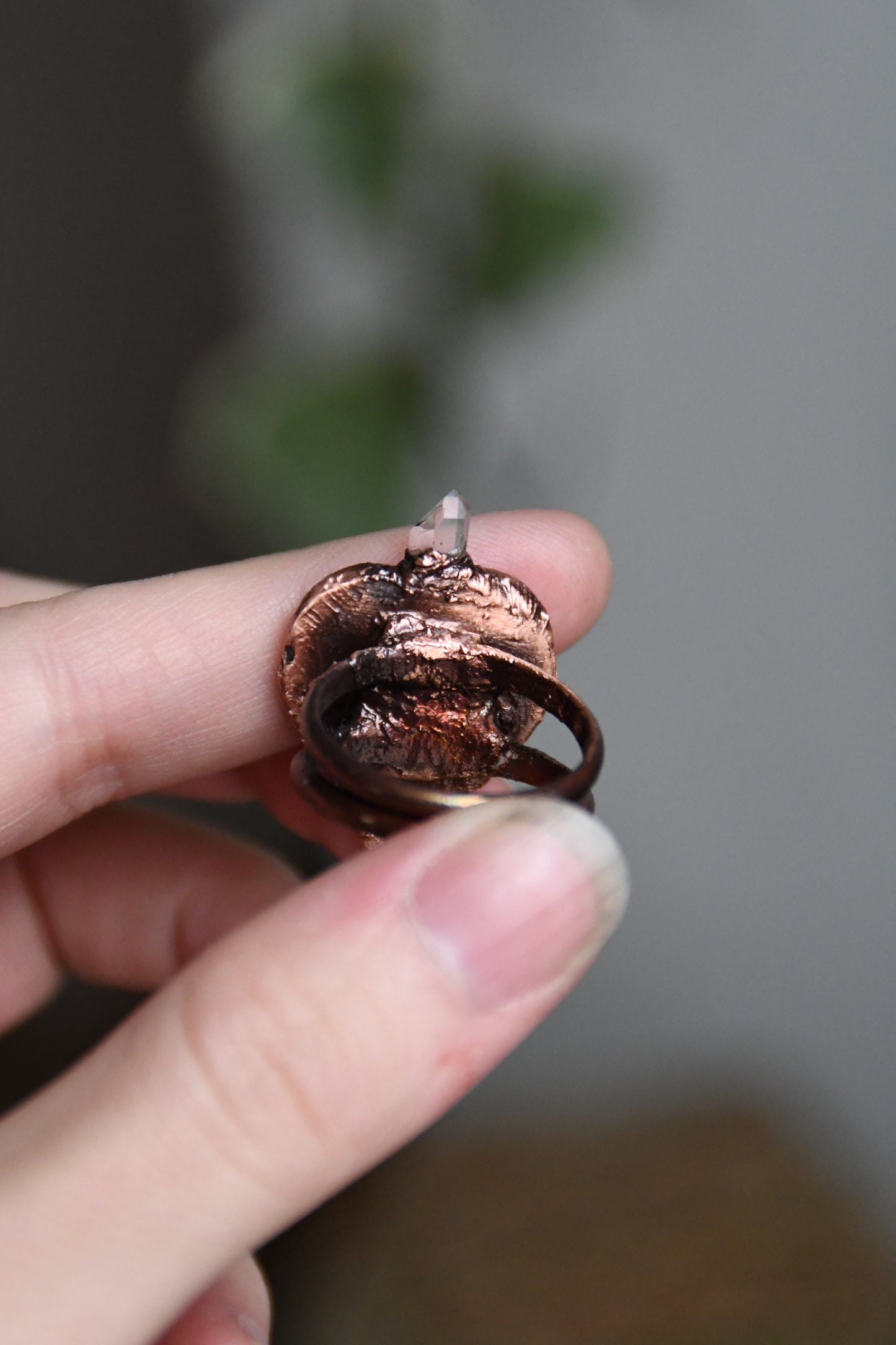 Ammonite Heart Ring with Garnet and Herkimer Size 9 1/2 US