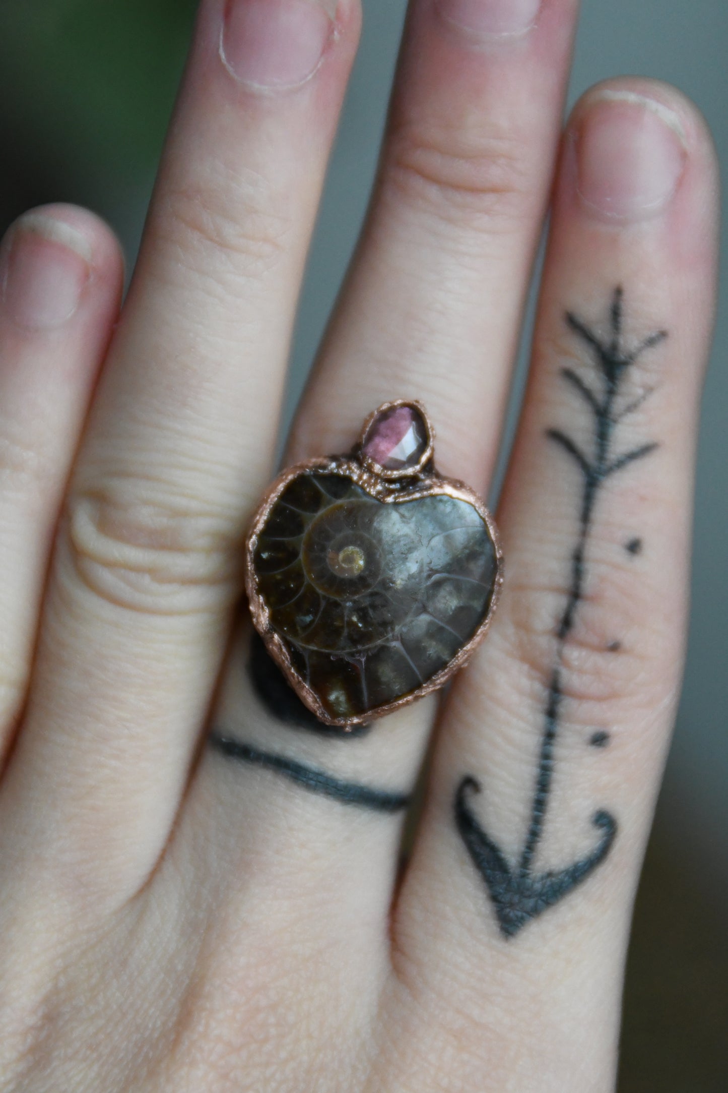 Ammonite Heart and Pink Tourmaline Copper Ring Size 6 US