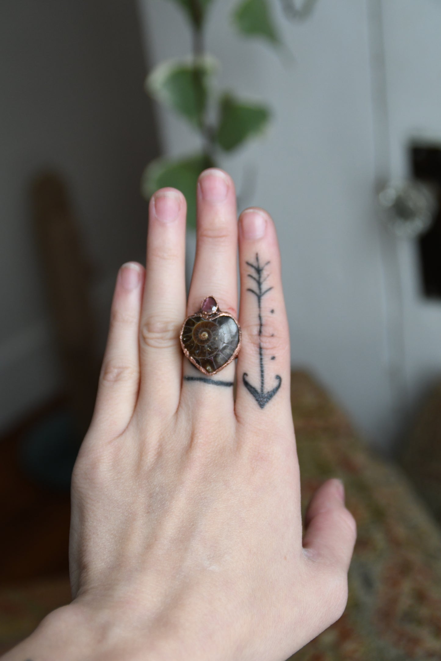 Ammonite Heart and Pink Tourmaline Copper Ring Size 6 US