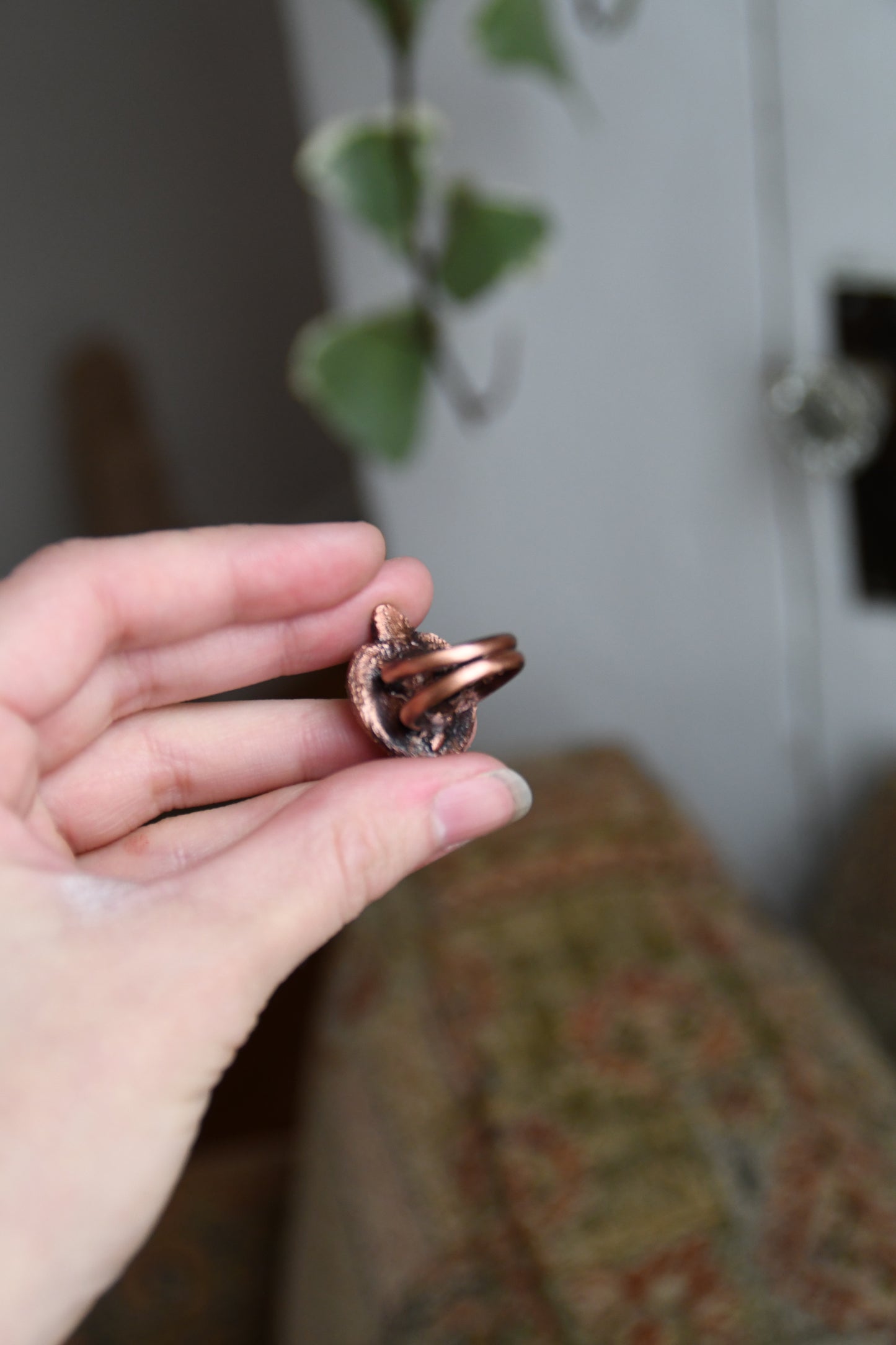 Ammonite Heart and Pink Tourmaline Copper Ring Size 6 US