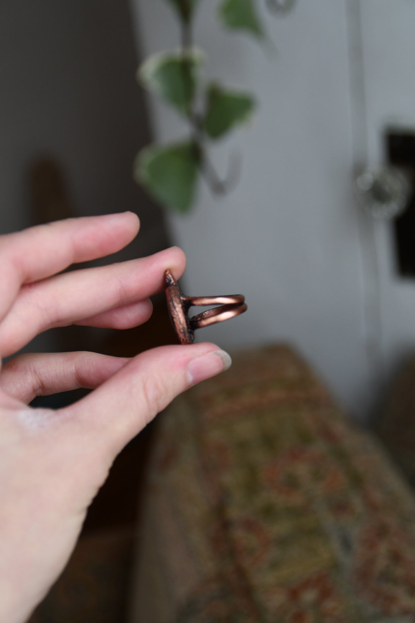 Ammonite Heart and Pink Tourmaline Copper Ring Size 6 US