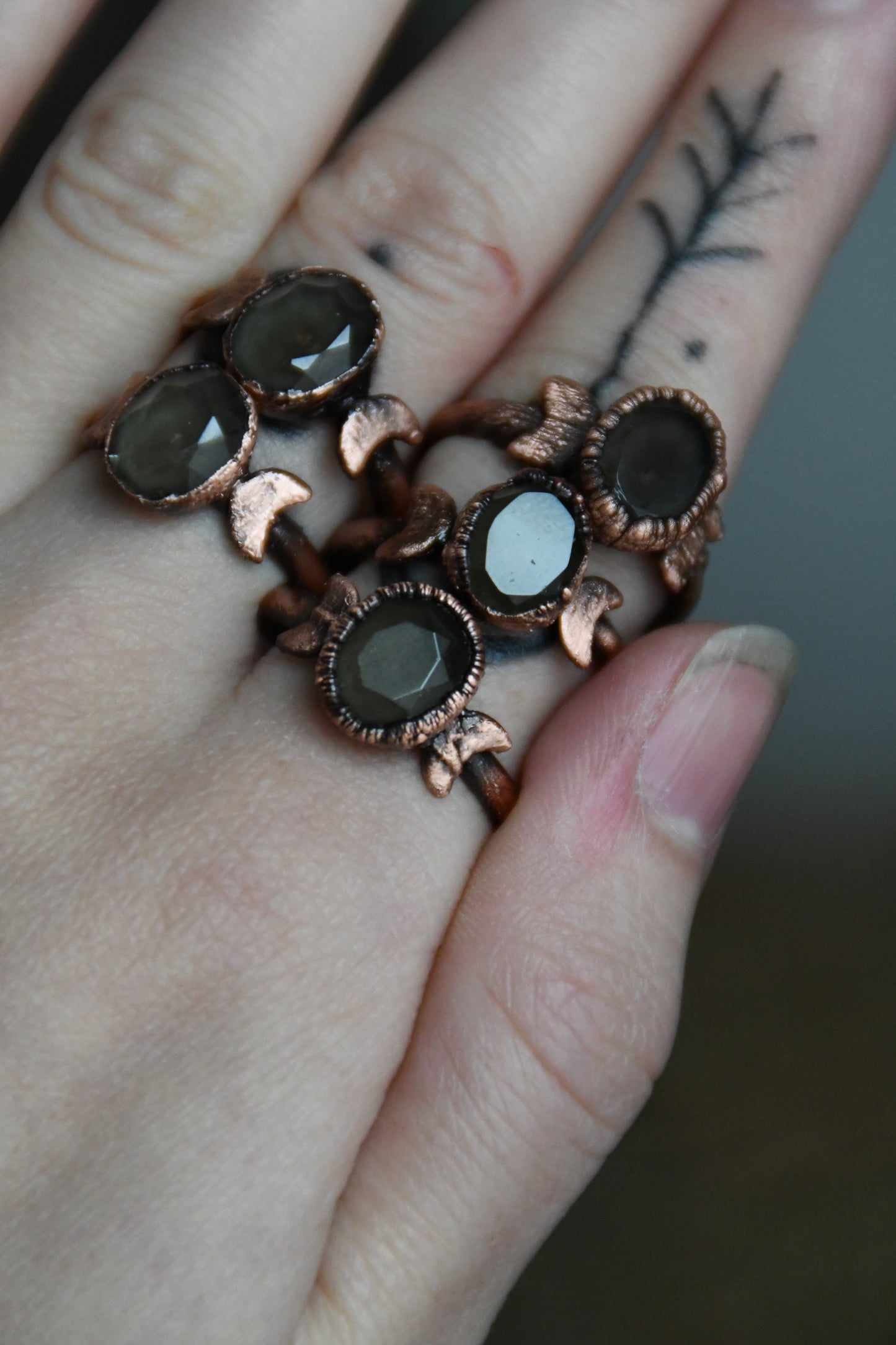 Faceted Smokey Quartz with Crescent Moons Copper Ring