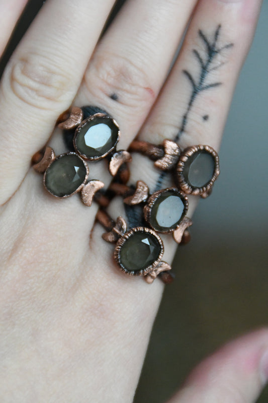 Faceted Smokey Quartz with Crescent Moons Copper Ring