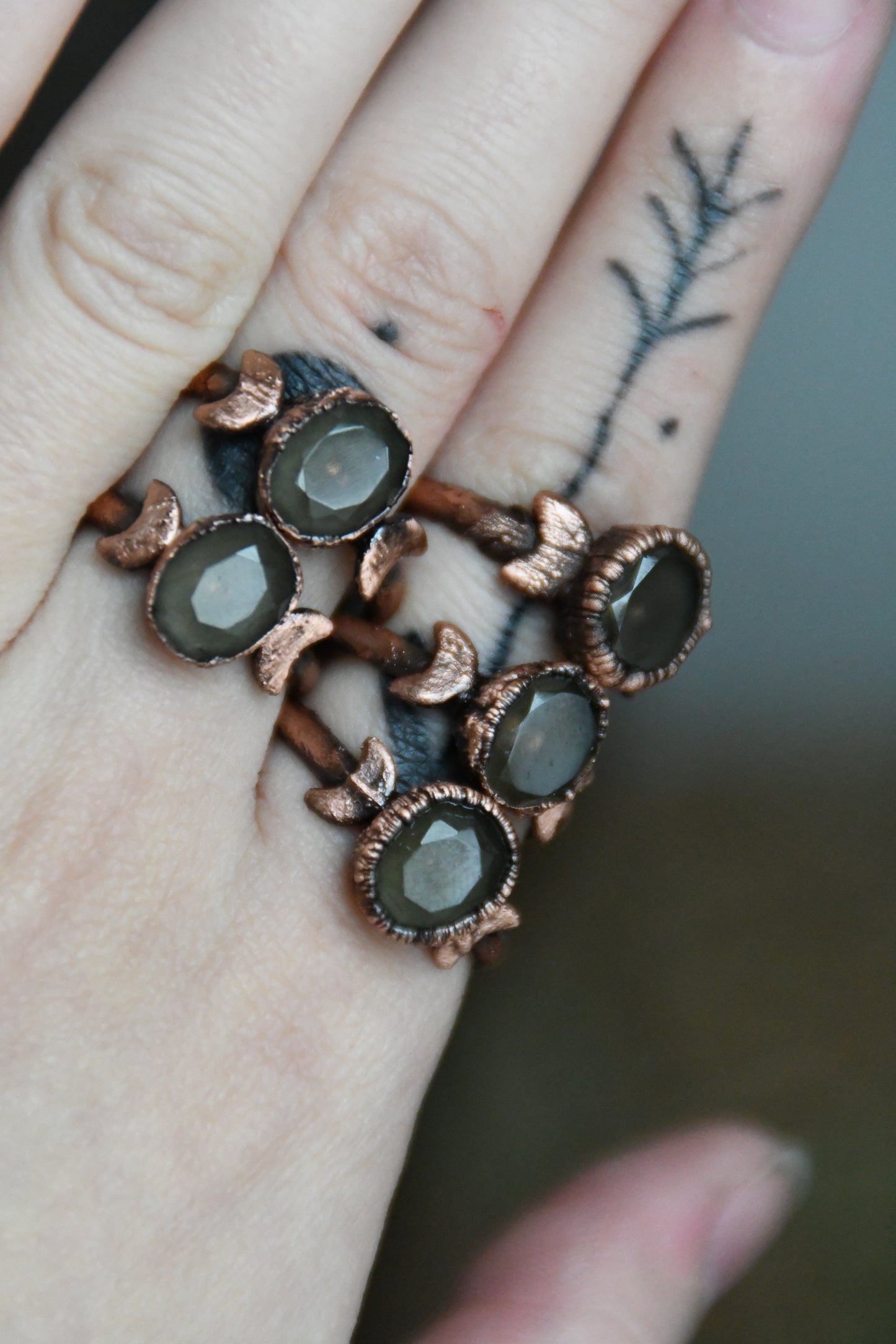 Faceted Smokey Quartz with Crescent Moons Copper Ring