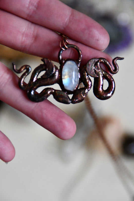Copper Snake and Moonstone Pendant
