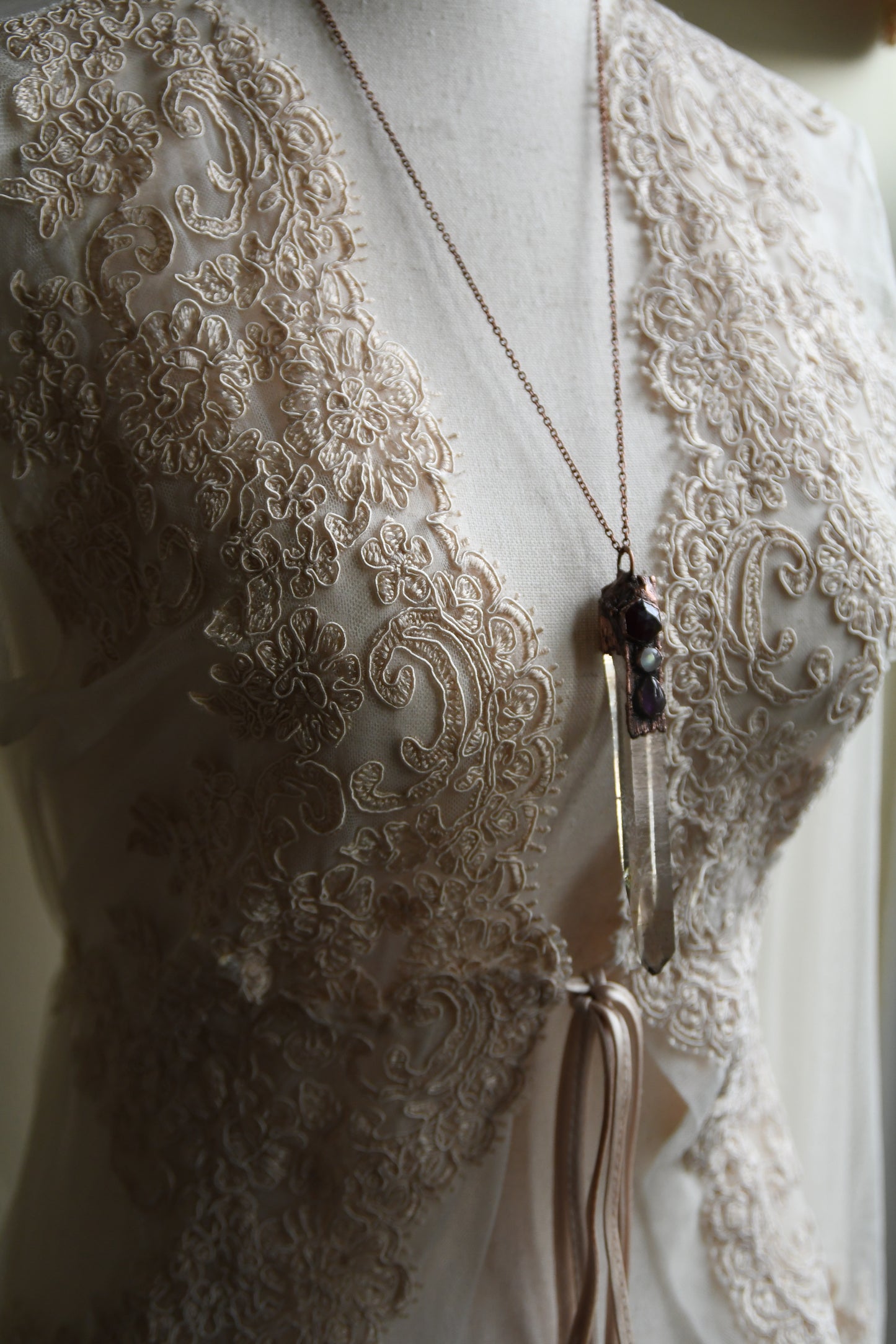Relics: Smokey Quartz Singing Quartz with Garnet, Moonstone, and Amethyst Copper Necklace
