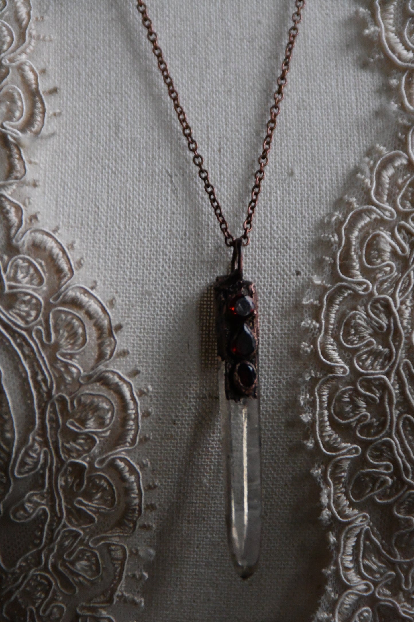 Relics: Smokey Quartz Singing Quartz with Garnet Copper Necklace