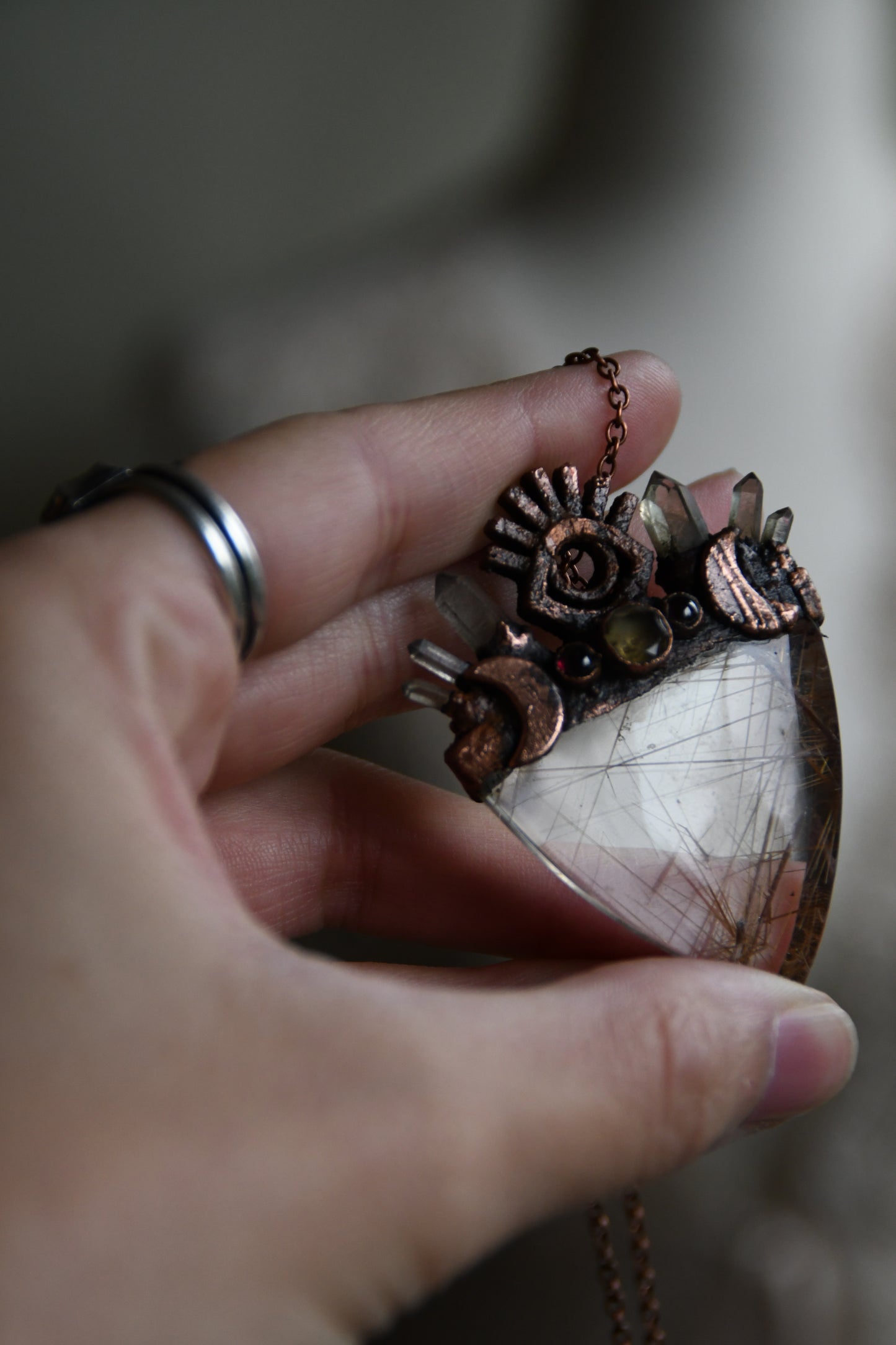Relics: The Insight Seeker, Rutilated Quartz with Citrine and Garnet Copper Pendant