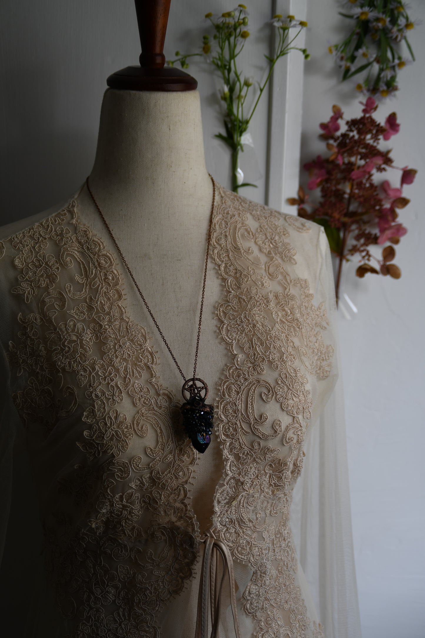 Ritual: Black Knight Aura Spirit Quartz with Garnet and Pentacle Copper Pendant