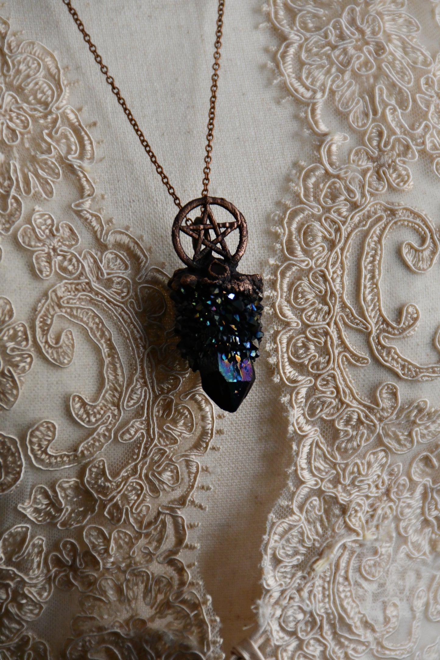 Ritual: Black Knight Aura Spirit Quartz with Garnet and Pentacle Copper Pendant