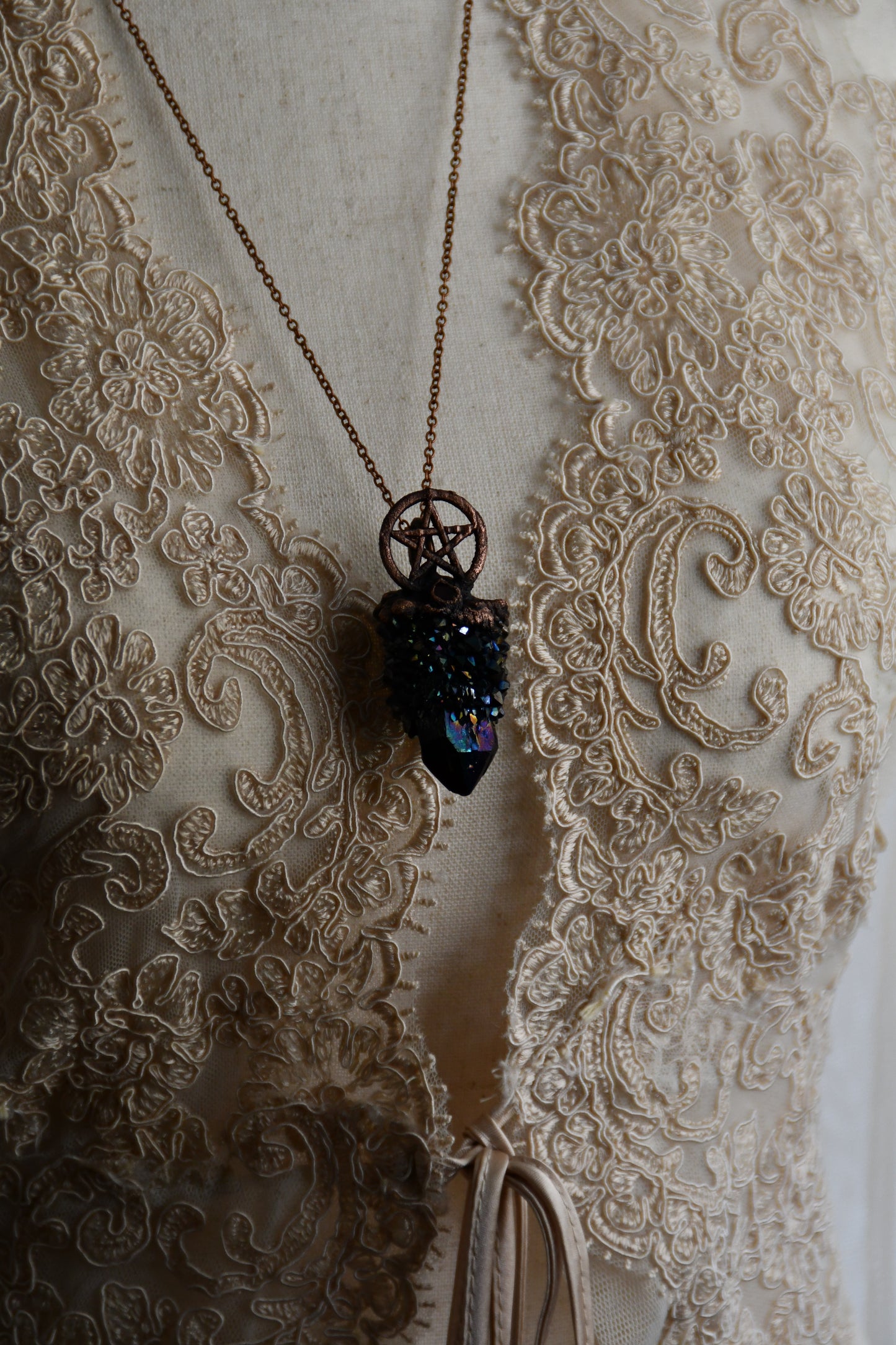 Ritual: Black Knight Aura Spirit Quartz with Garnet and Pentacle Copper Pendant