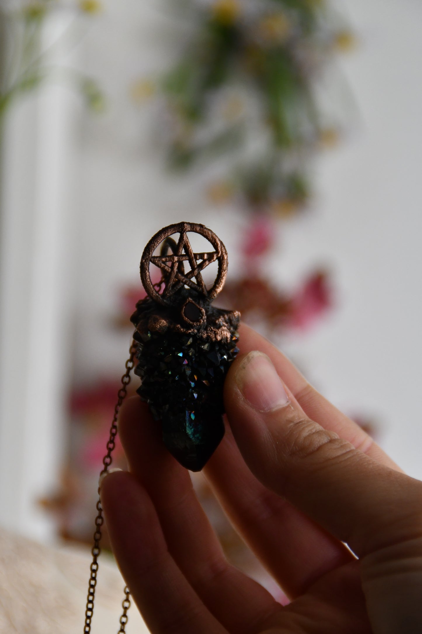 Ritual: Black Knight Aura Spirit Quartz with Garnet and Pentacle Copper Pendant