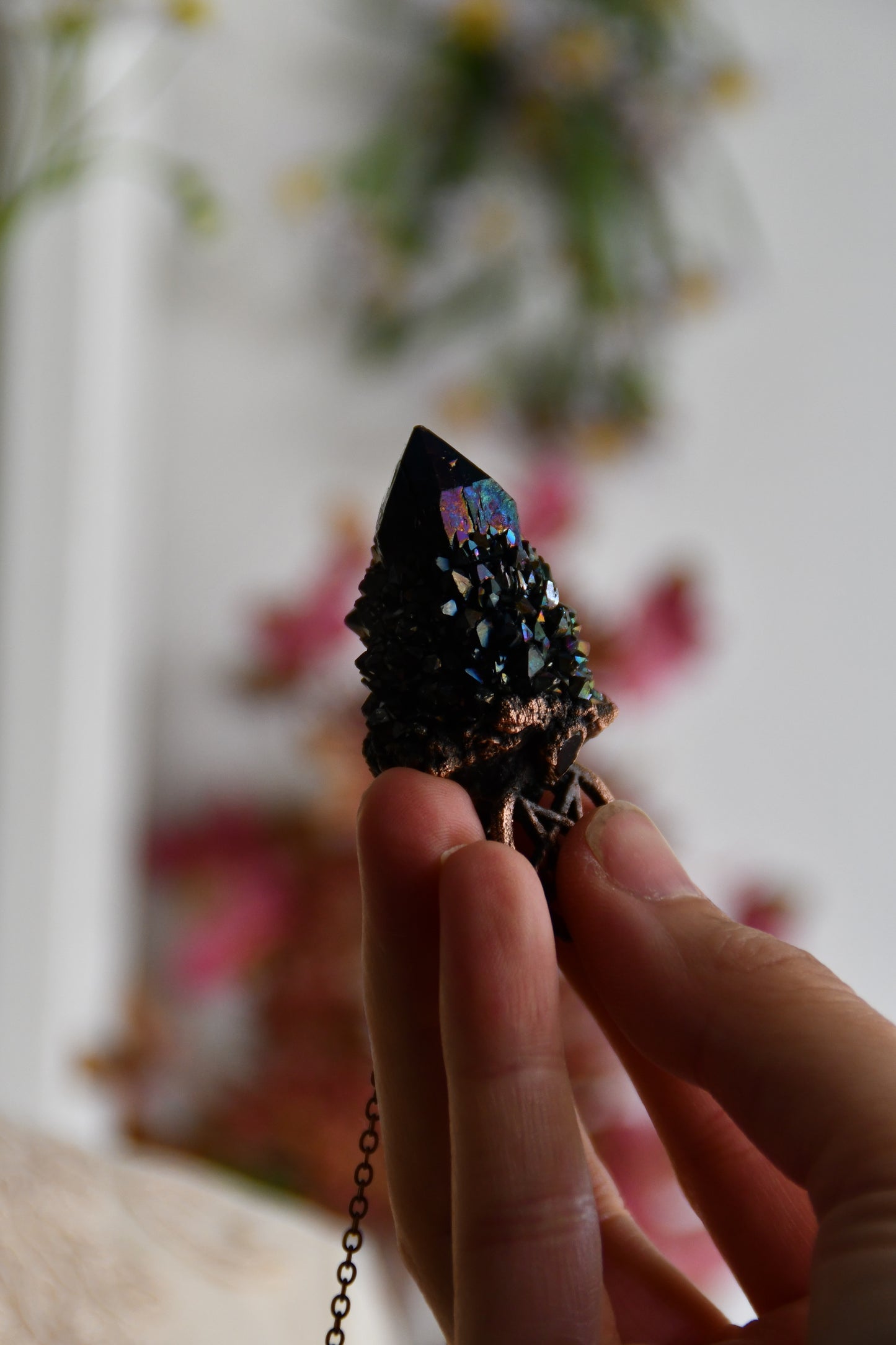 Ritual: Black Knight Aura Spirit Quartz with Garnet and Pentacle Copper Pendant