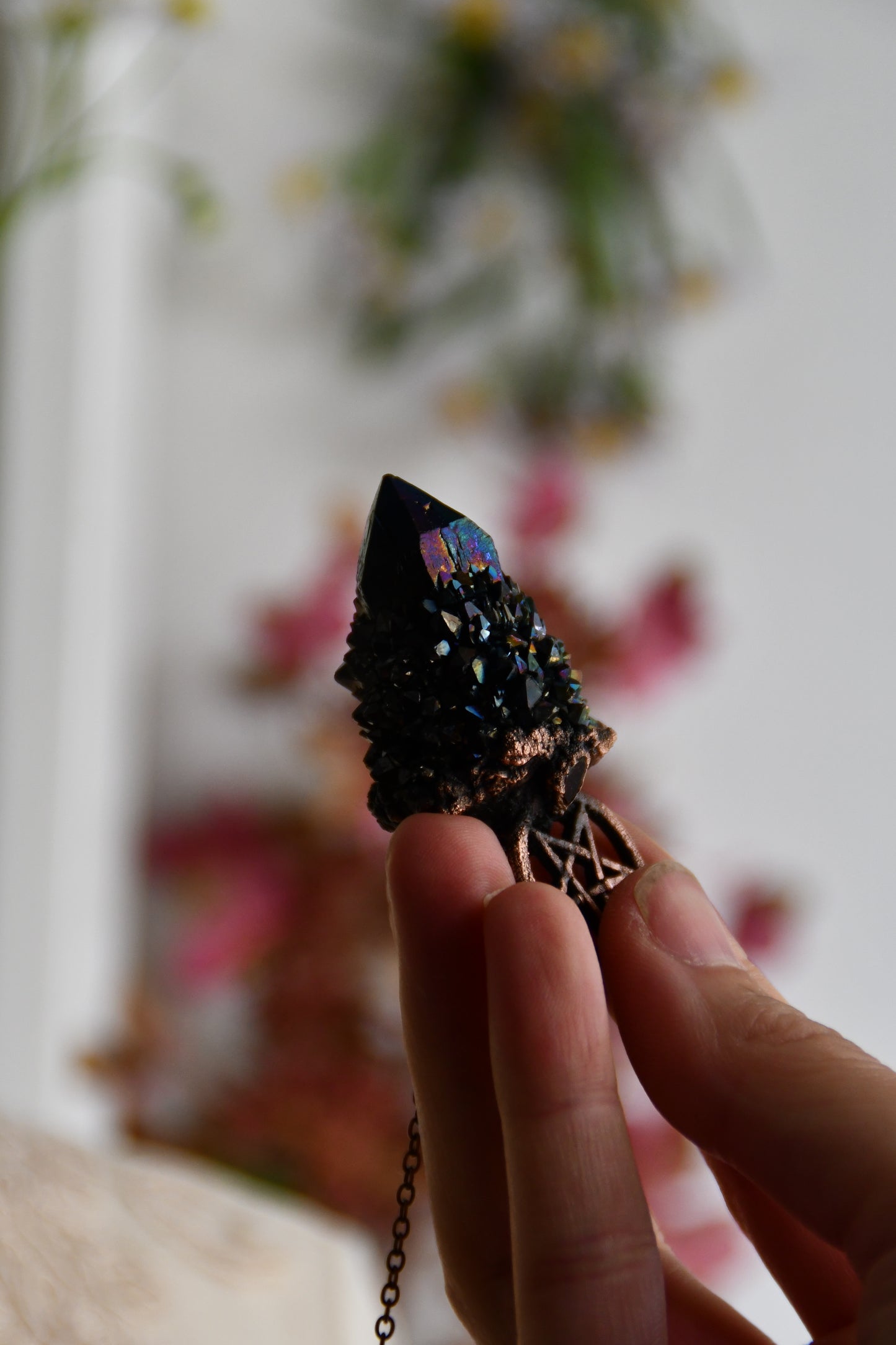 Ritual: Black Knight Aura Spirit Quartz with Garnet and Pentacle Copper Pendant