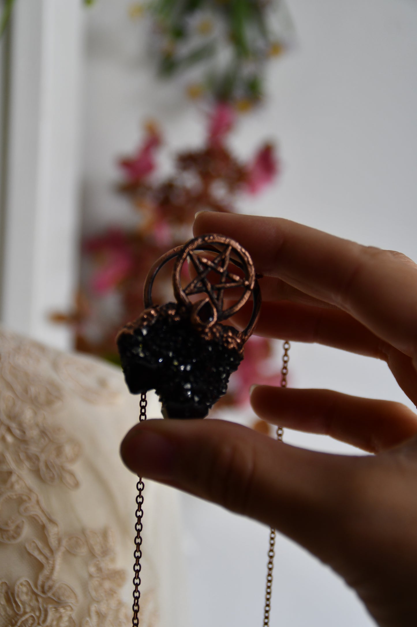 Ritual: Black Knight Aura Spirit Quartz with Garnet and Pentacle Copper Necklace