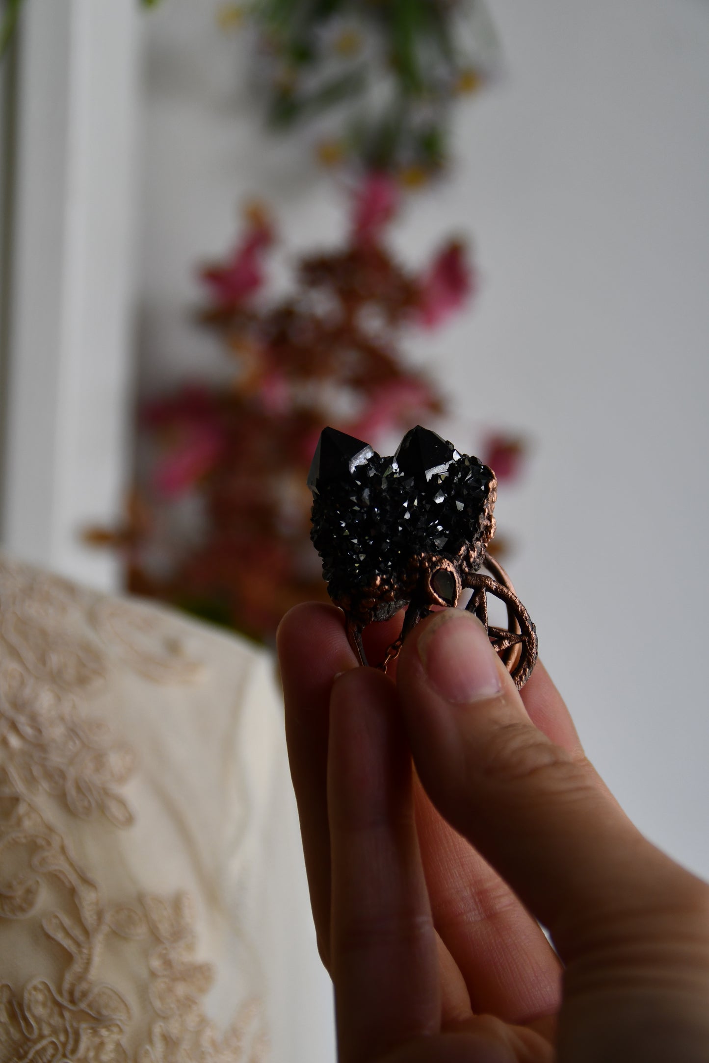 Ritual: Black Knight Aura Spirit Quartz with Garnet and Pentacle Copper Necklace