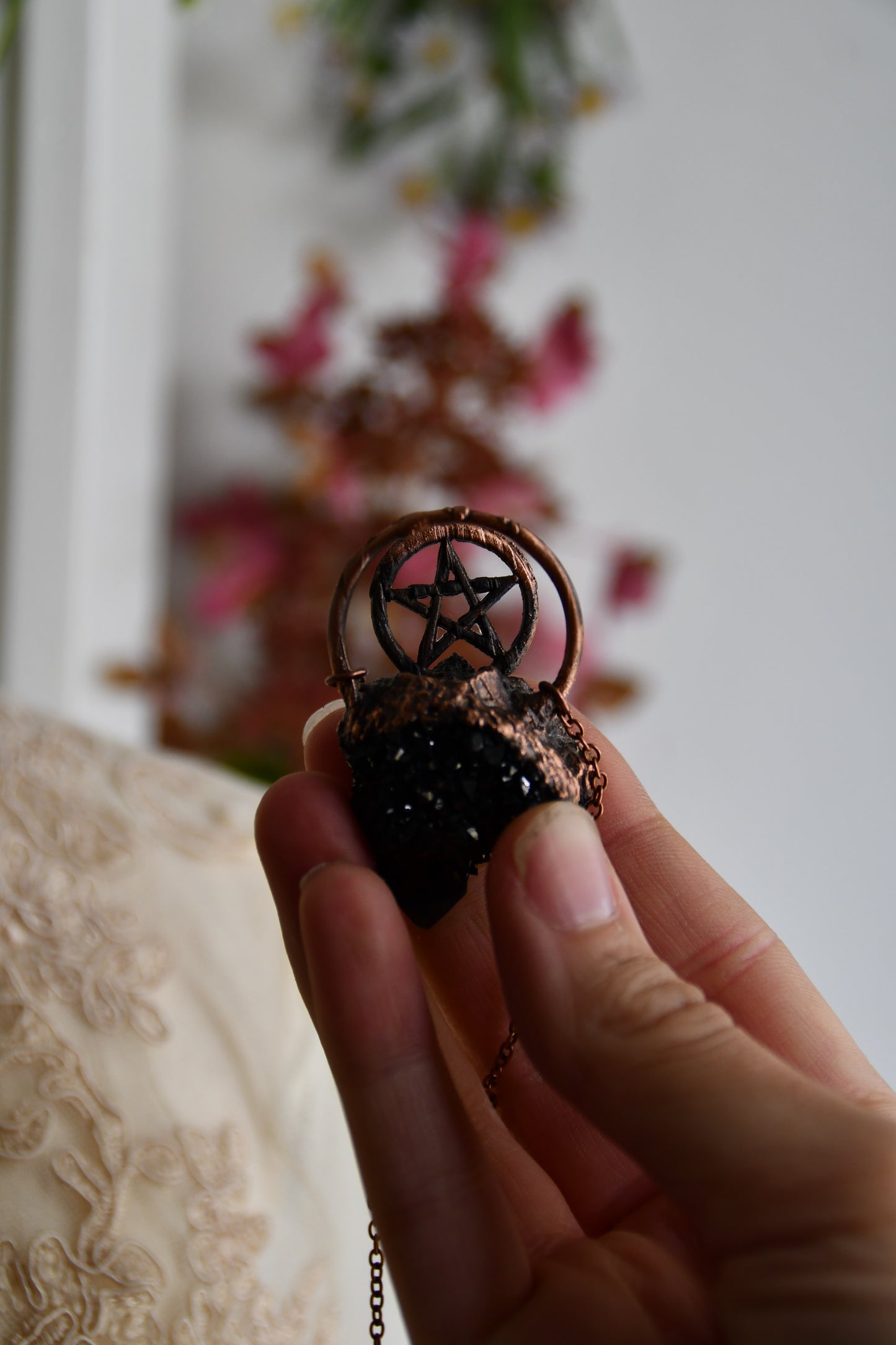 Ritual: Black Knight Aura Spirit Quartz with Garnet and Pentacle Copper Necklace