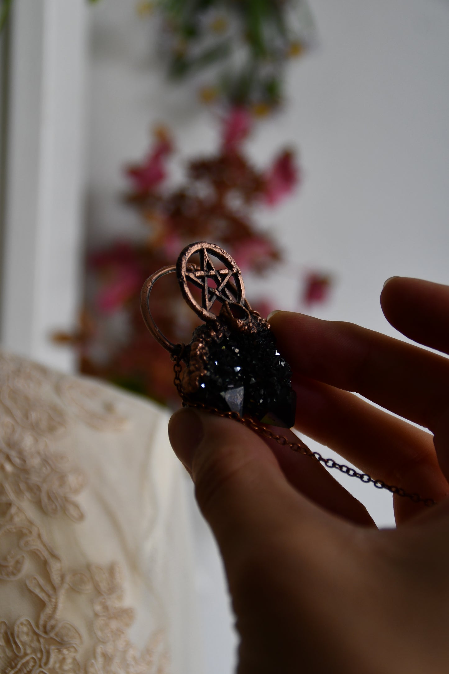 Ritual: Black Knight Aura Spirit Quartz with Garnet and Pentacle Copper Necklace