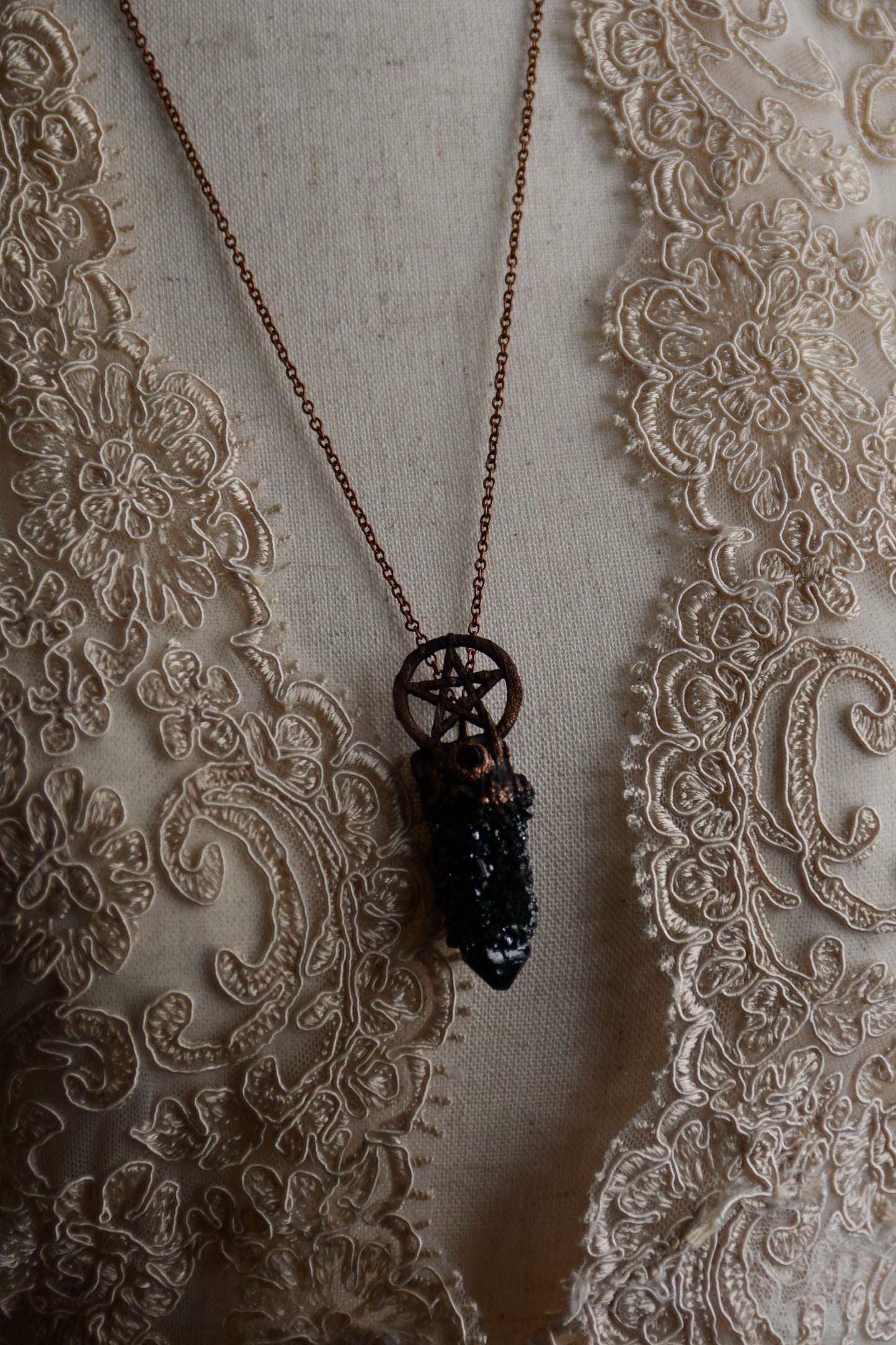 Ritual: Black Knight Aura Spirit Quartz with Garnet and Pentacle Copper Necklace
