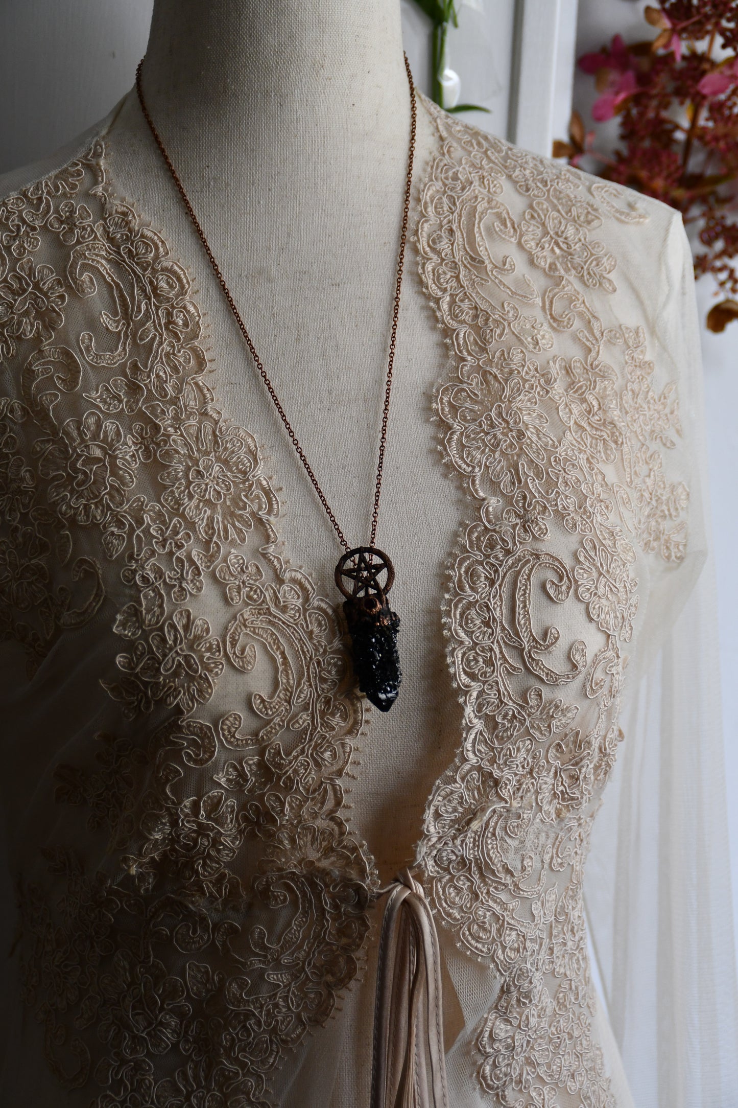 Ritual: Black Knight Aura Spirit Quartz with Garnet and Pentacle Copper Necklace