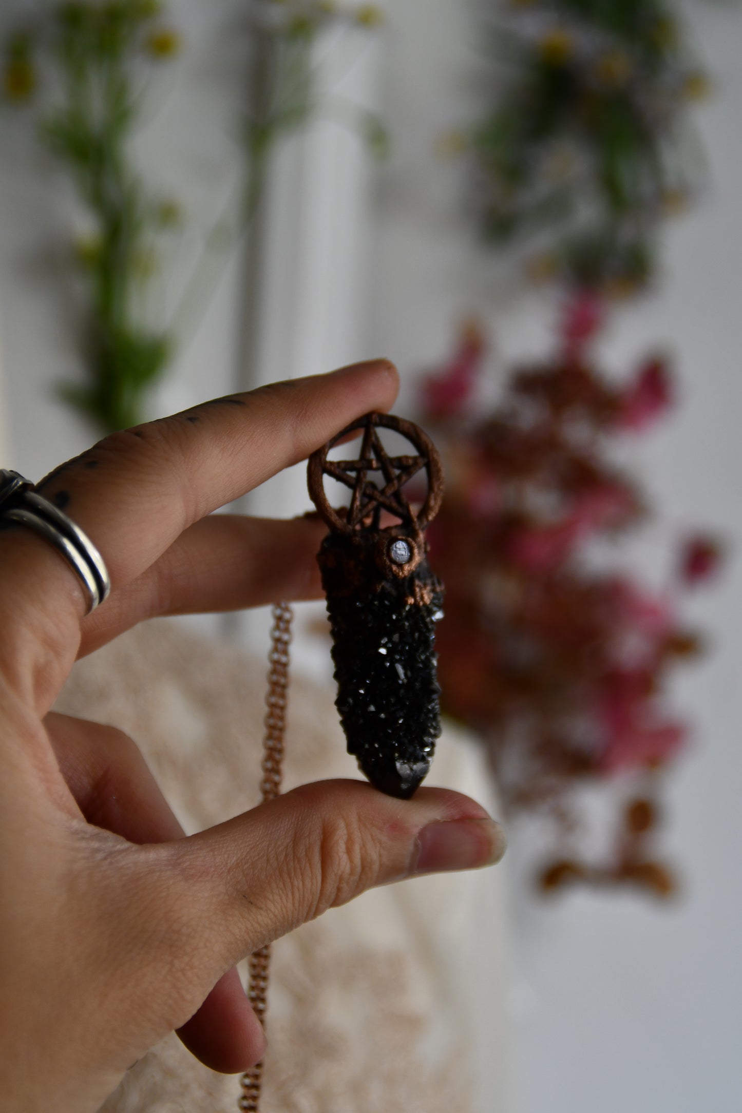 Ritual: Black Knight Aura Spirit Quartz with Garnet and Pentacle Copper Necklace