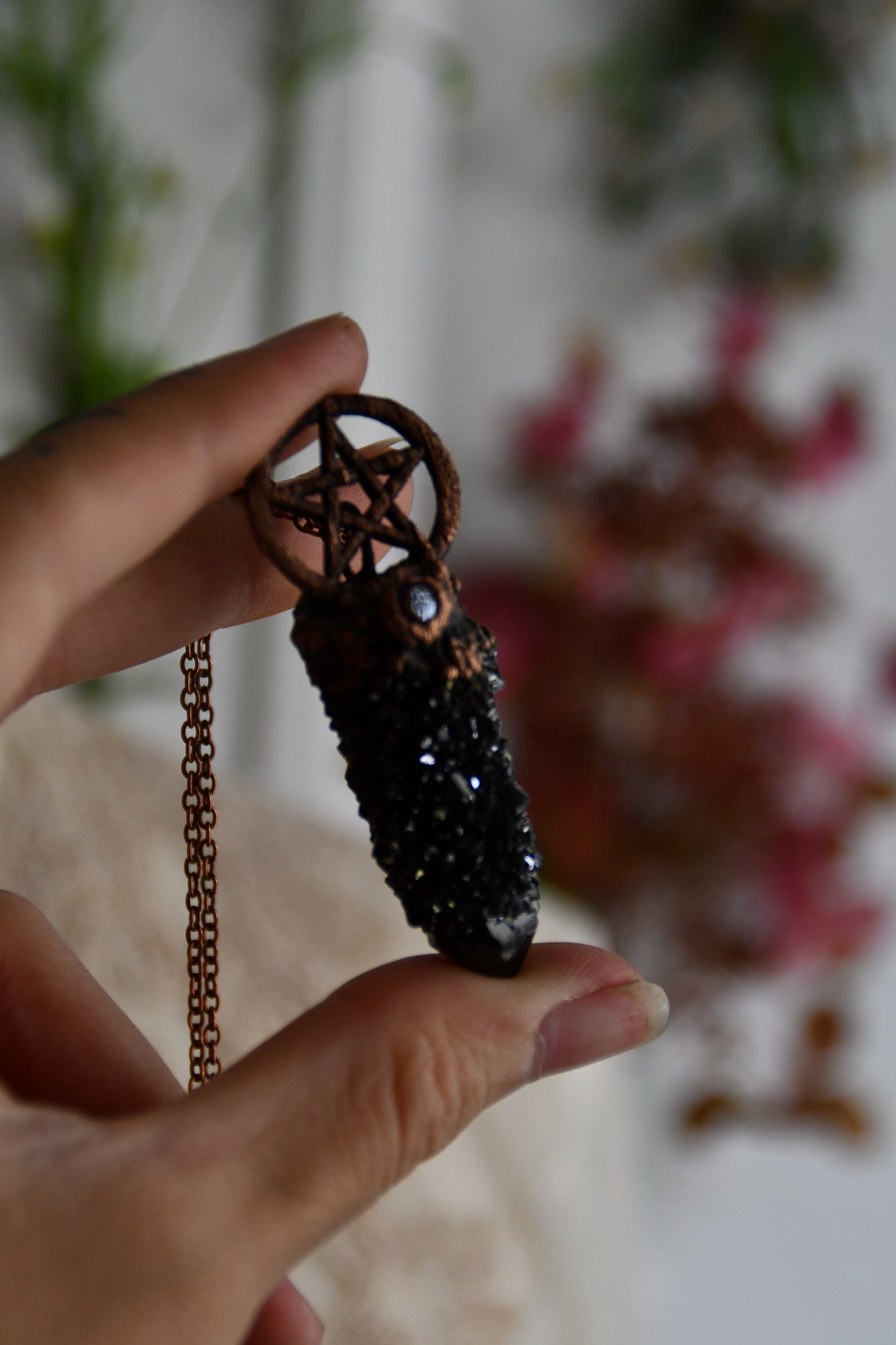 Ritual: Black Knight Aura Spirit Quartz with Garnet and Pentacle Copper Necklace