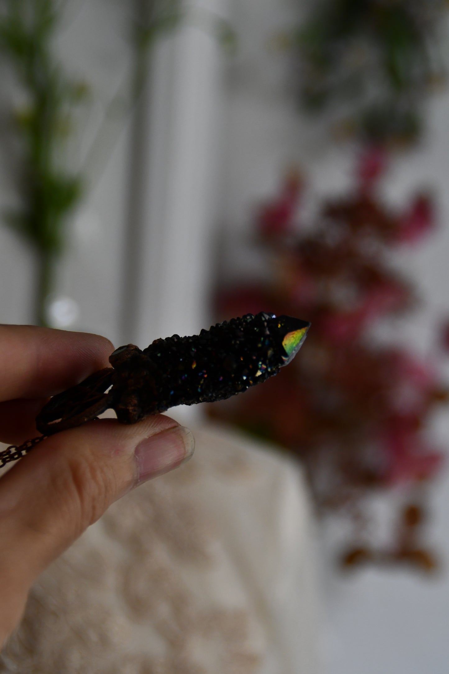 Ritual: Black Knight Aura Spirit Quartz with Garnet and Pentacle Copper Necklace