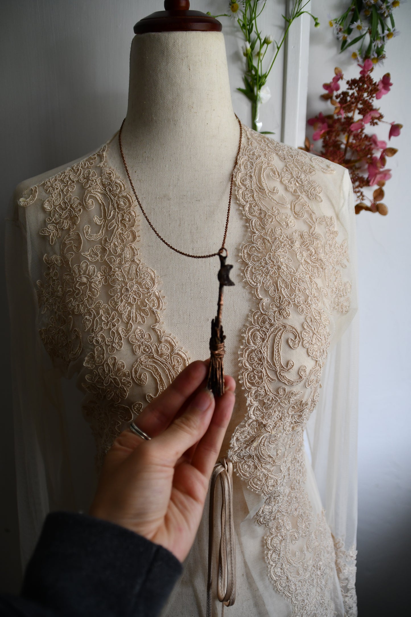 Ritual: Twig Broomstick with Druzy Moon Copper Pendant