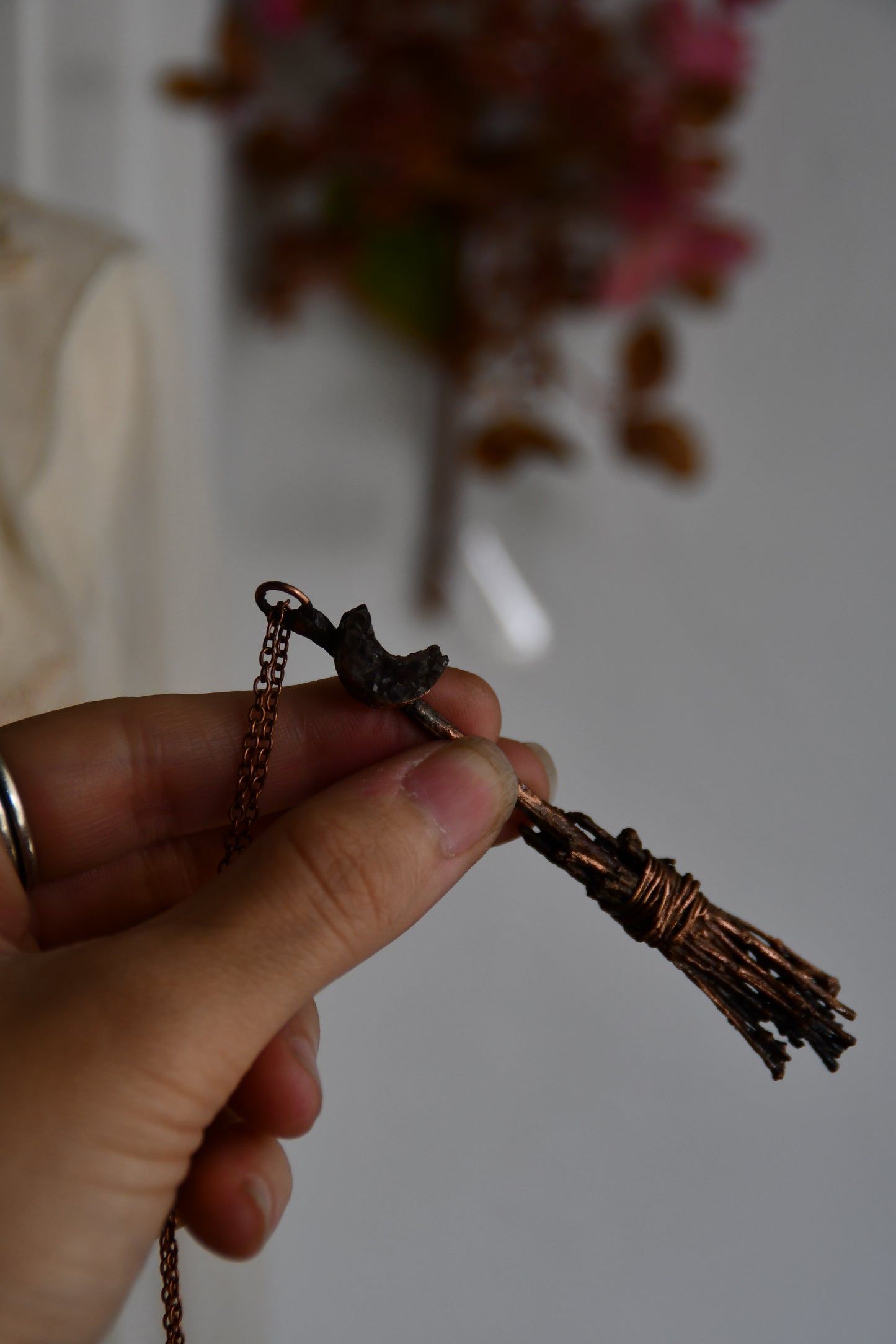 Ritual: Twig Broomstick with Druzy Moon Copper Pendant