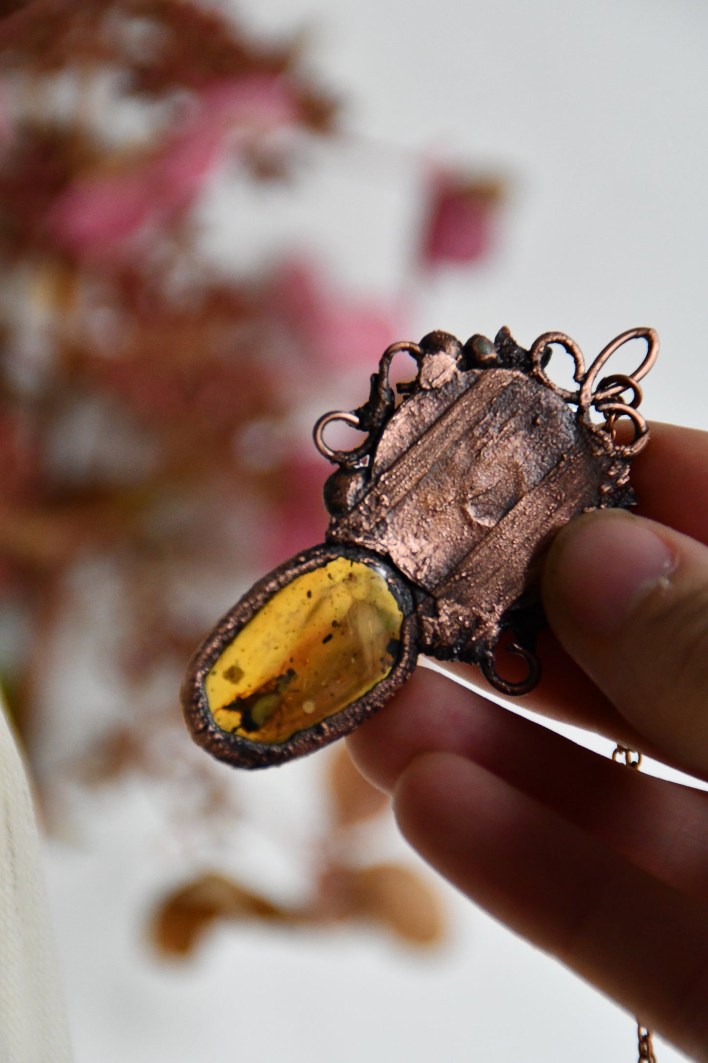 Ritual: The Story Weaver Mirror Pendant with Insect Amber and Garnet