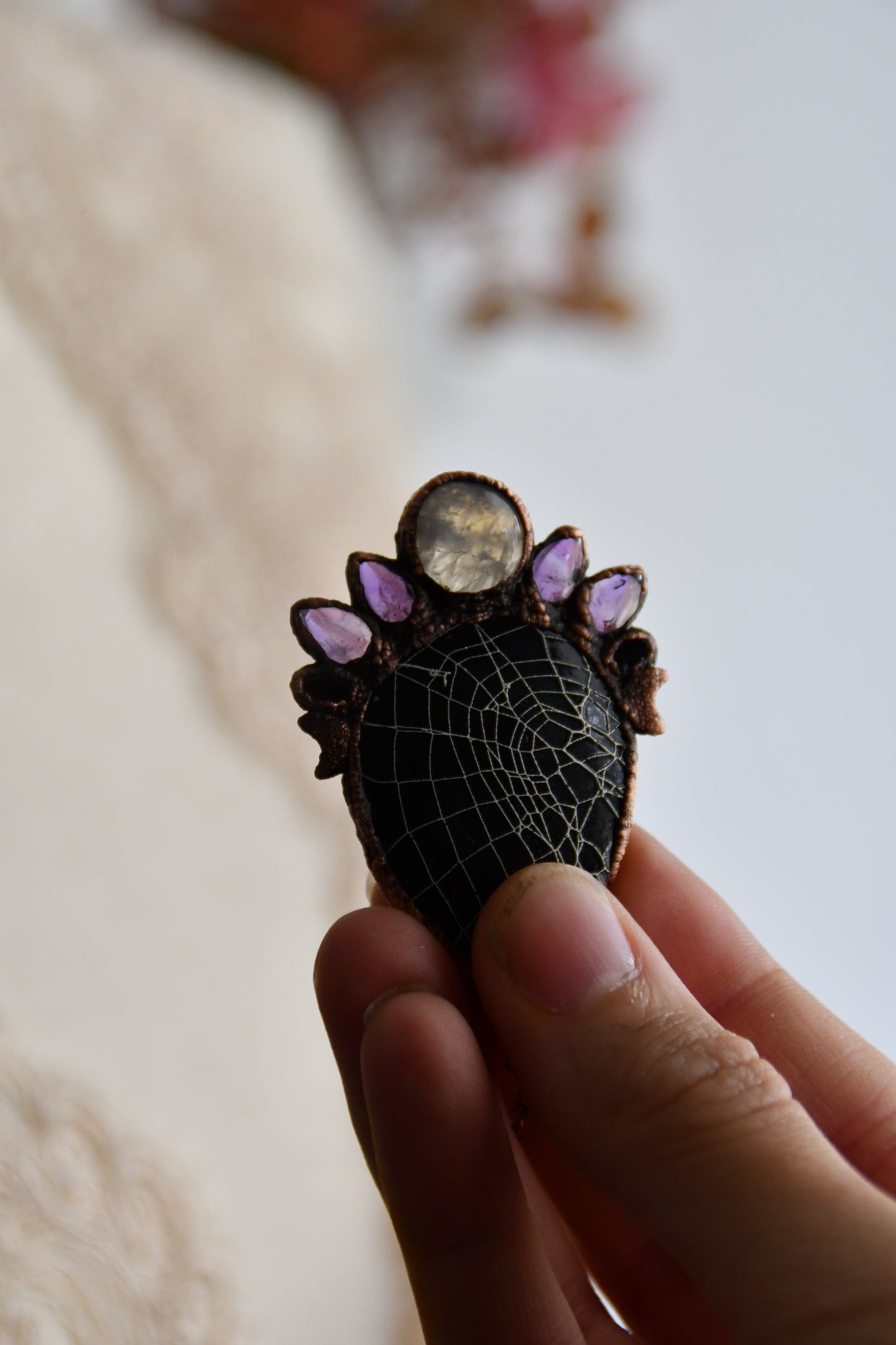 Ritual: Real Spider Web Encased on Billiard Ball Copper Pendant