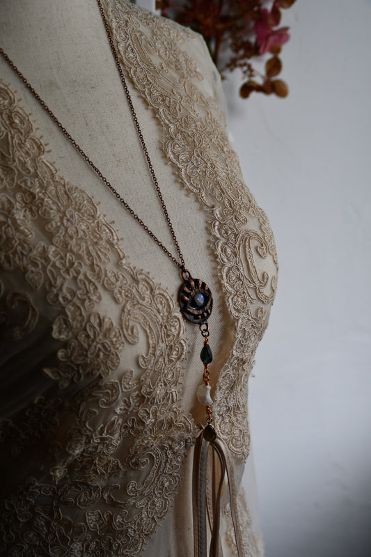 Ritual: Protective Eye Mirror Pendant with Moonstone, abalone, mother of pearl and labradorite.