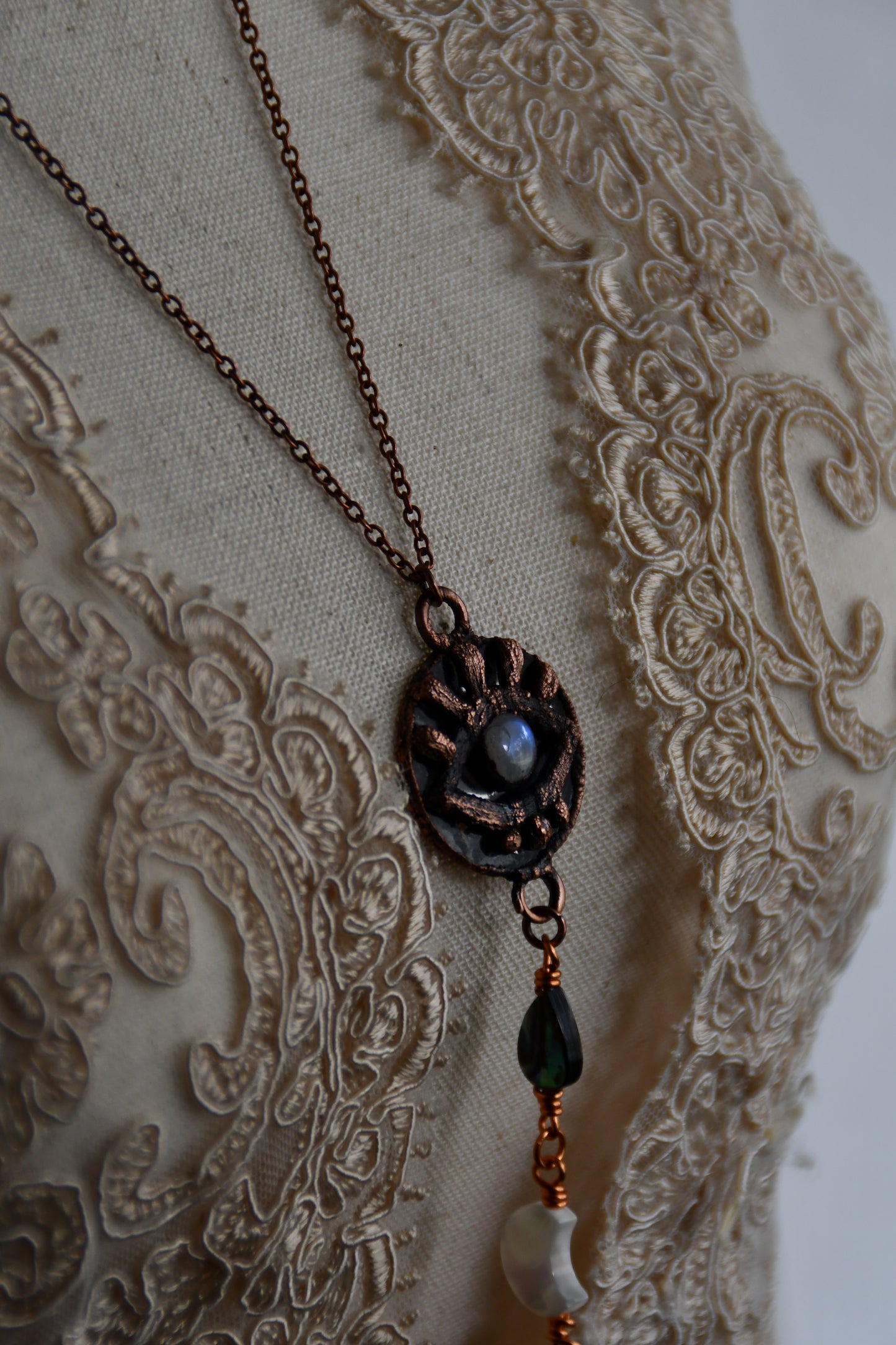Ritual: Protective Eye Mirror Pendant with Moonstone, abalone, mother of pearl and labradorite.