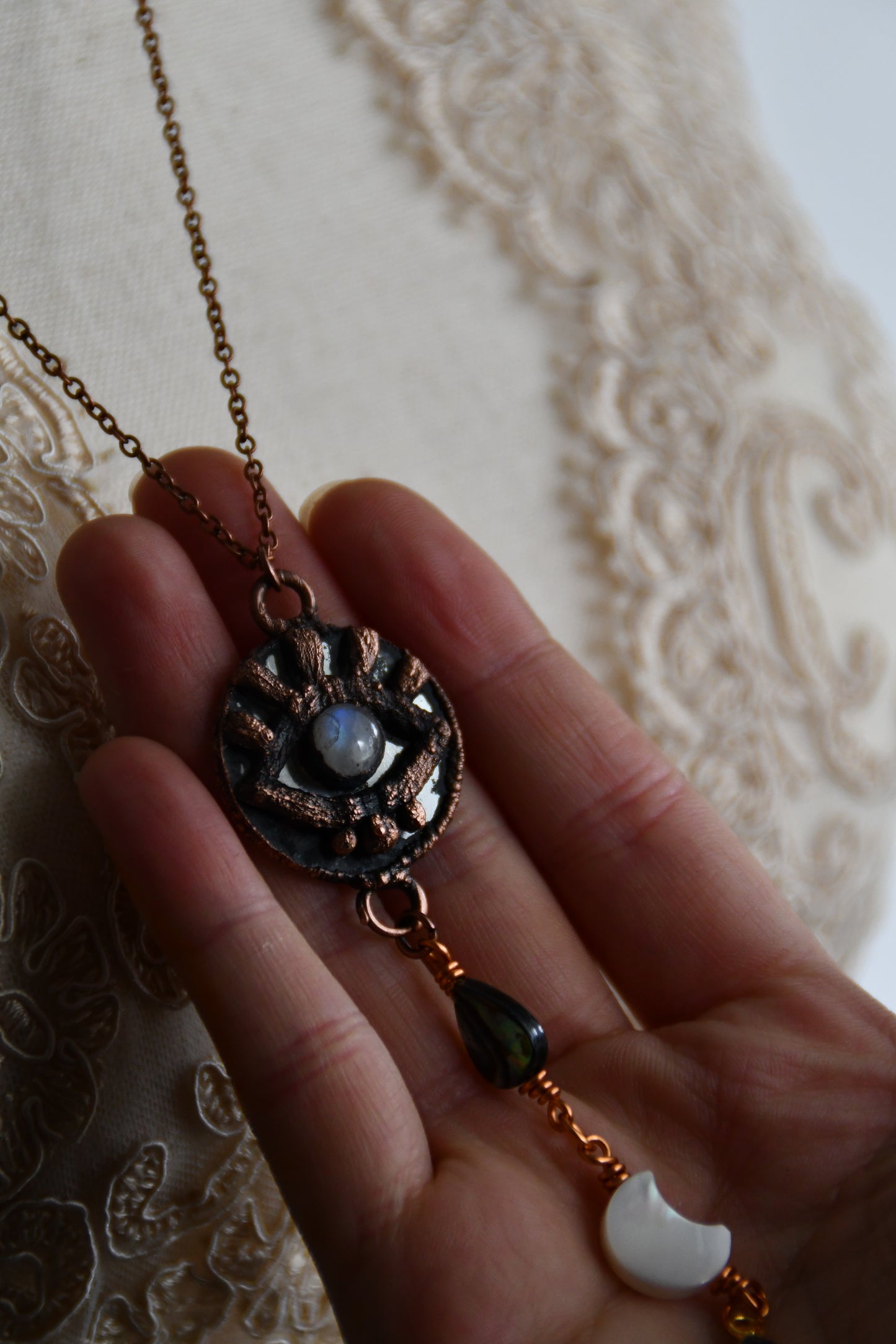 Ritual: Protective Eye Mirror Pendant with Moonstone, abalone, mother of pearl and labradorite.