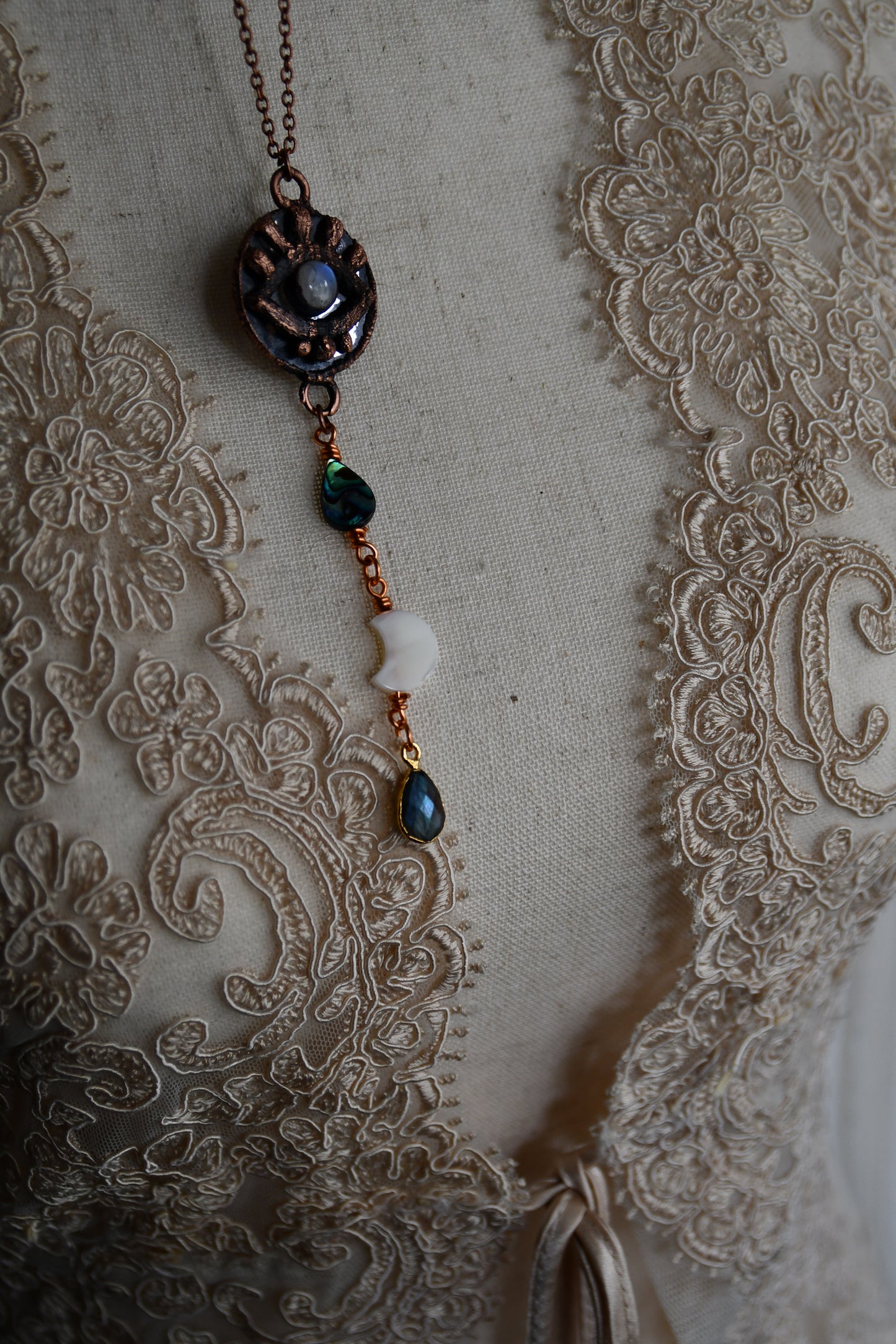 Ritual: Protective Eye Mirror Pendant with Moonstone, abalone, mother of pearl and labradorite.
