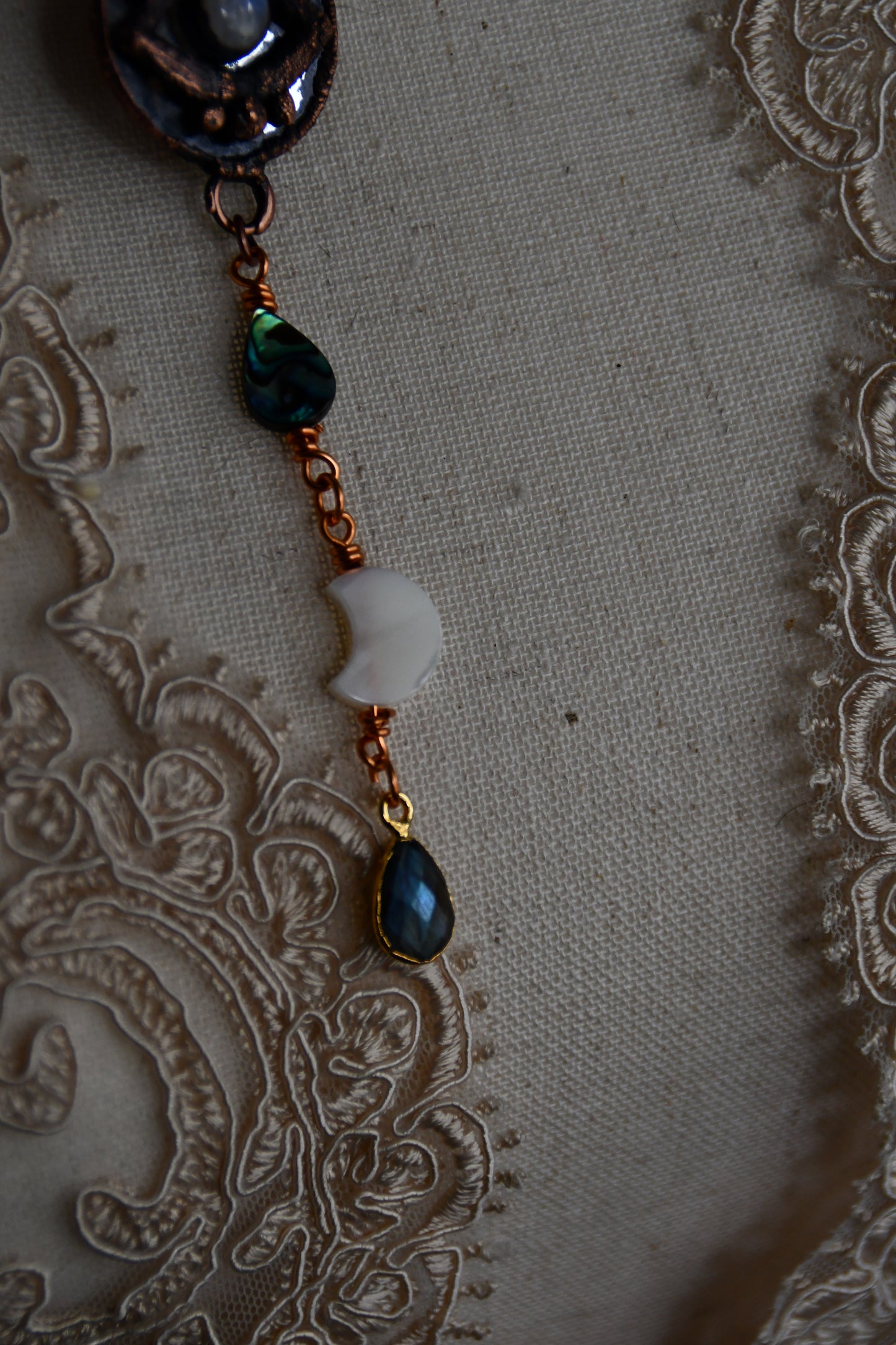 Ritual: Protective Eye Mirror Pendant with Moonstone, abalone, mother of pearl and labradorite.