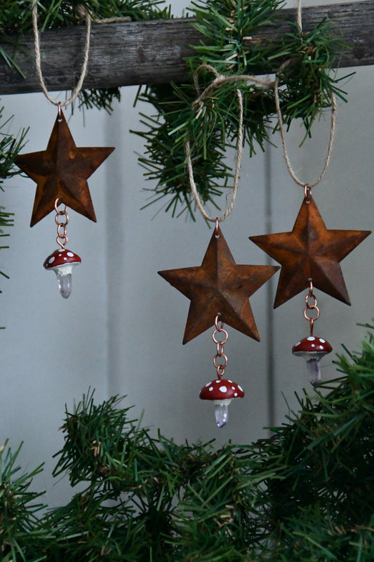 Rustic Star and Crystal Mushroom Ornament