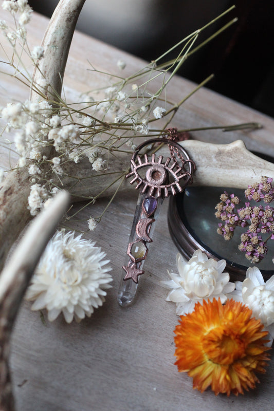 Insight: Lemurian Seed with Amethyst and Citrine Eye Copper Pendant