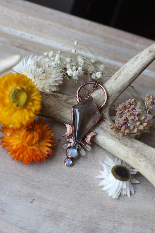 Smokey Quartz with Moonstone and Quartz Copper Pendant