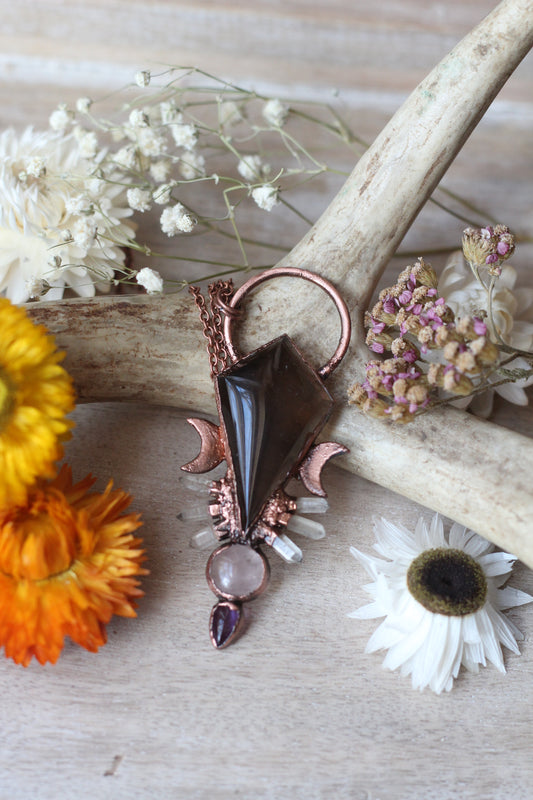 Smokey Quartz with Rose Quartz and Amethyst Copper Pendant