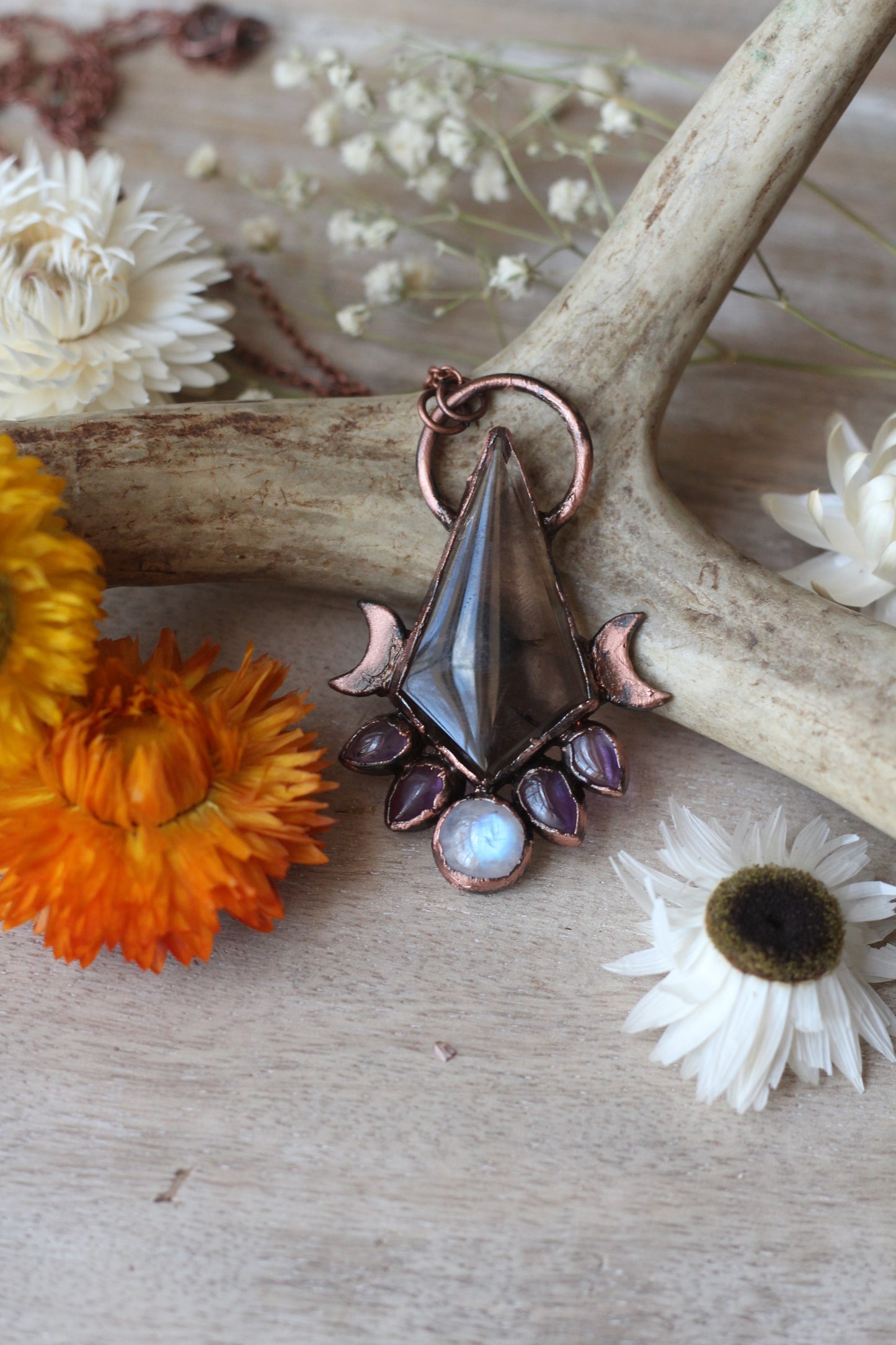 Smokey Quartz with Moonstone and Amethyst Copper Pendant