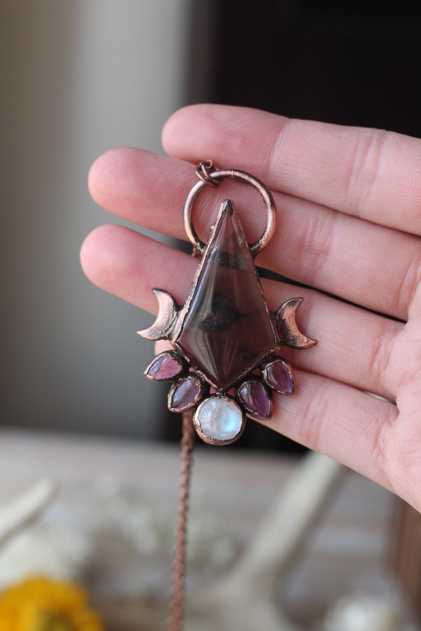 Smokey Quartz with Moonstone and Amethyst Copper Pendant