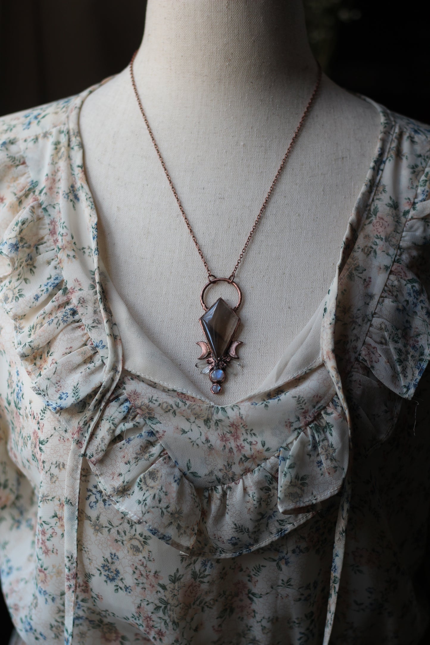 Smokey Quartz with Moonstone and Quartz Copper Pendant