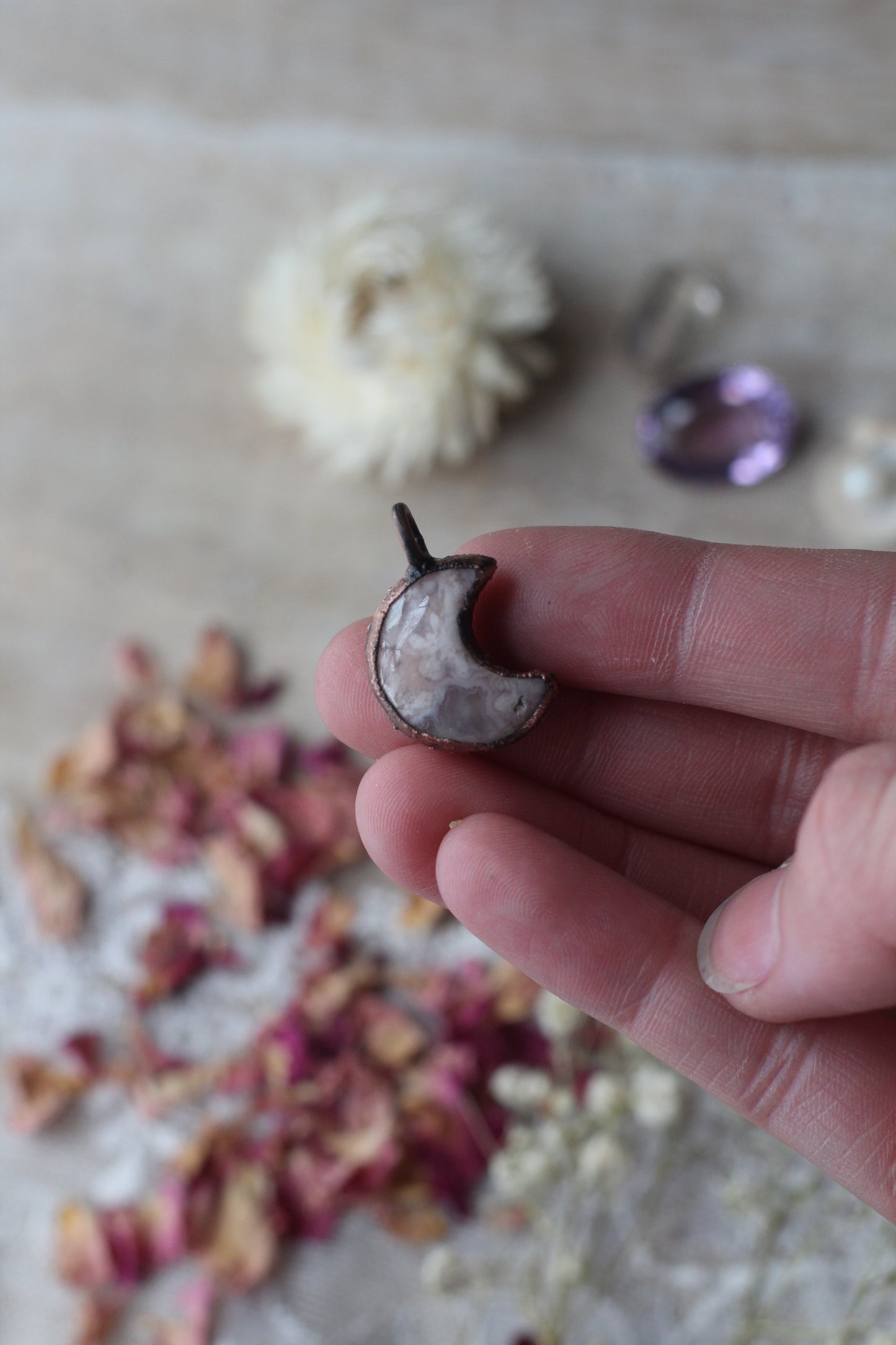Aphrodite: Flower Agate Moon Copper Necklace