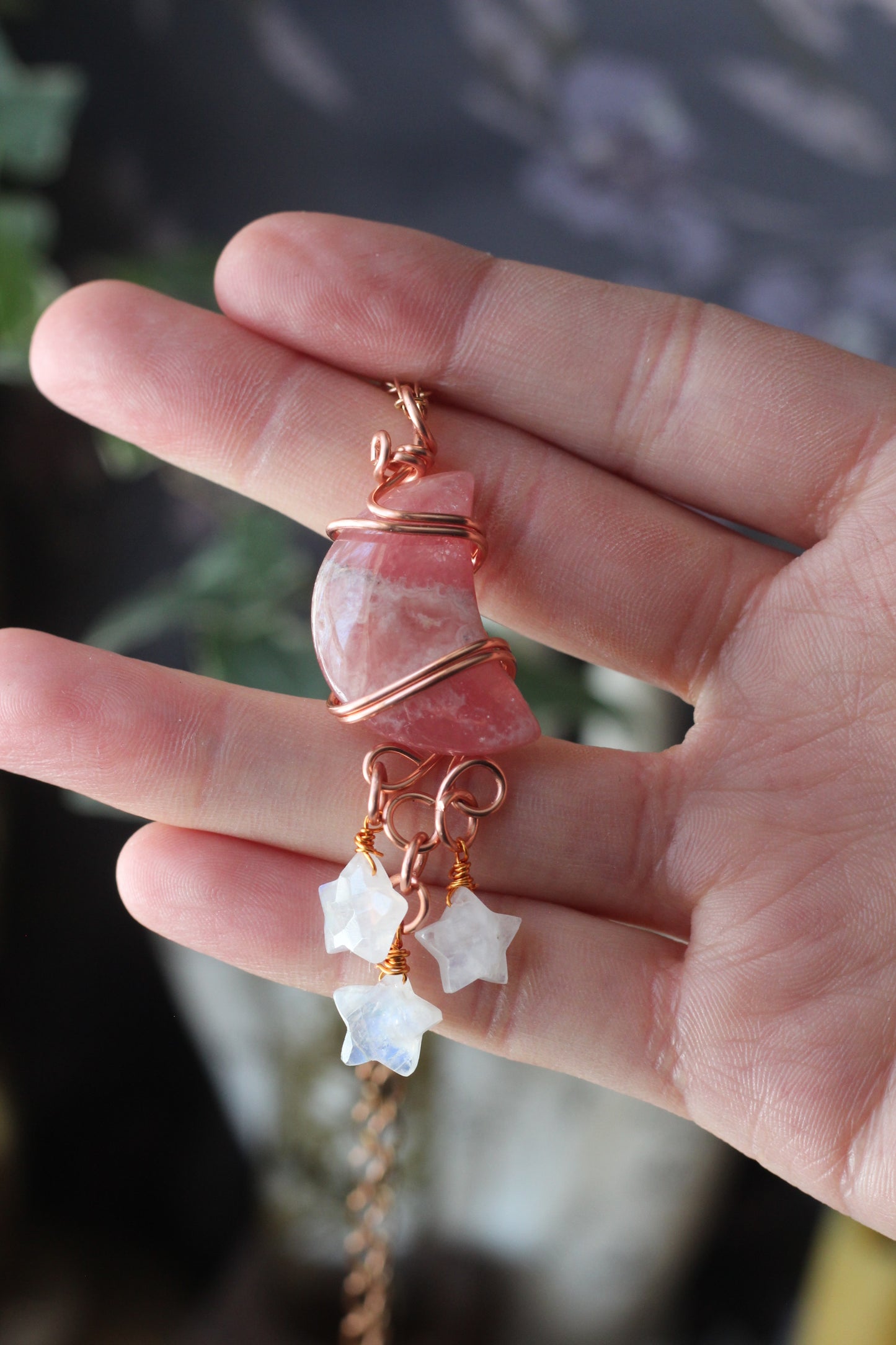 Wire Wrapped Rhodochrosite Moon with Moonstone Star Copper Necklace