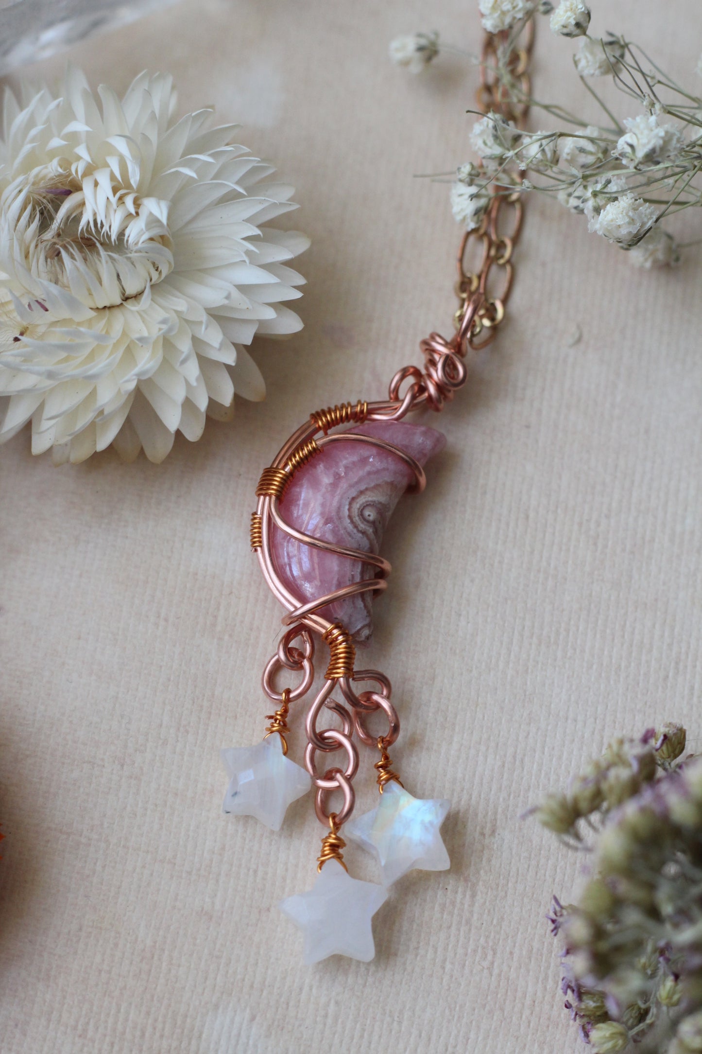 Wire Wrapped Rhodochrosite Moon with Moonstone Star Copper Necklace