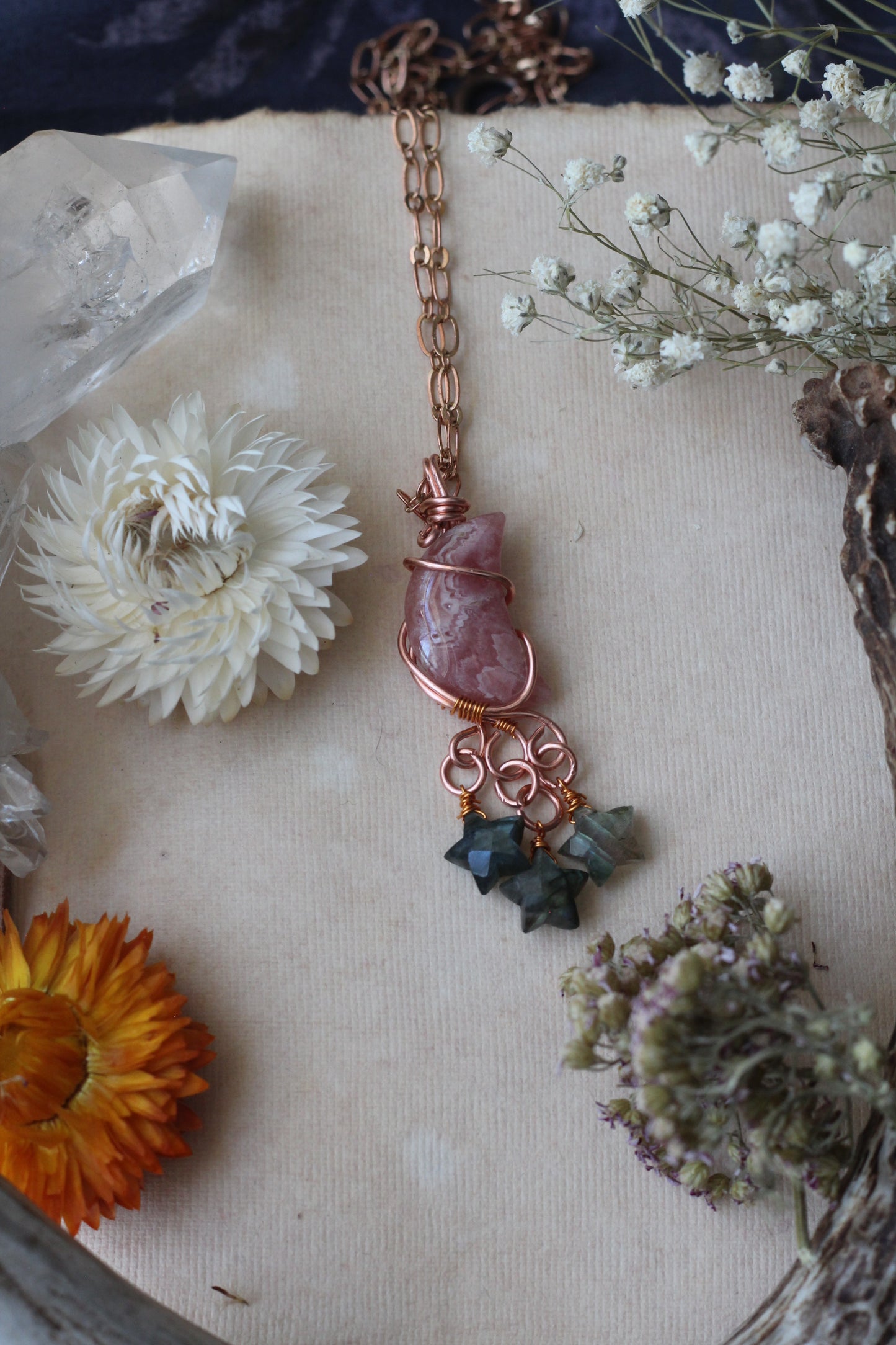 Wire Wrapped Rhodochrosite Moon with Labradorite Stars Copper Necklace